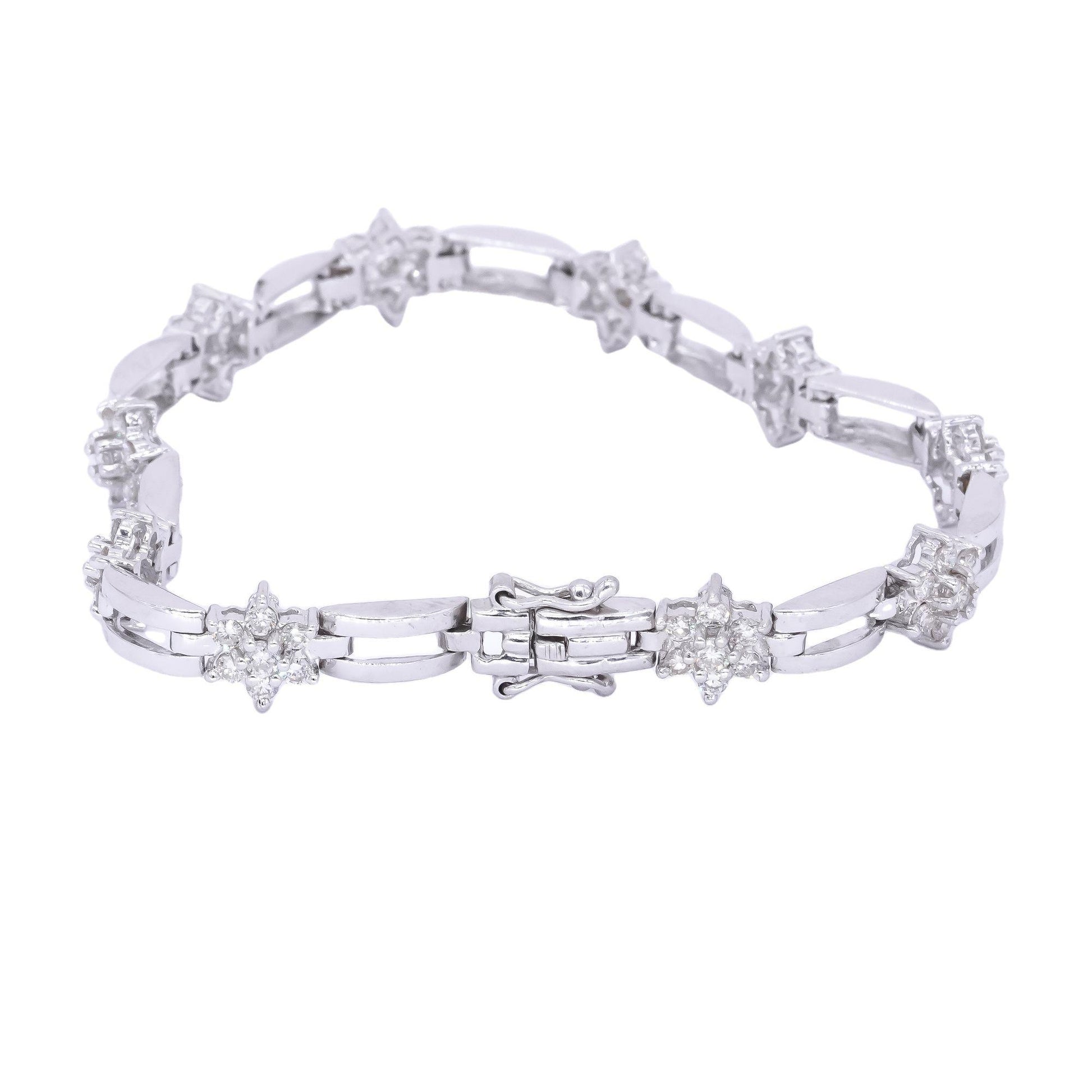 18k White Gold 1.5ct Diamond Flower Cluster Fancy Tennis Bracelet