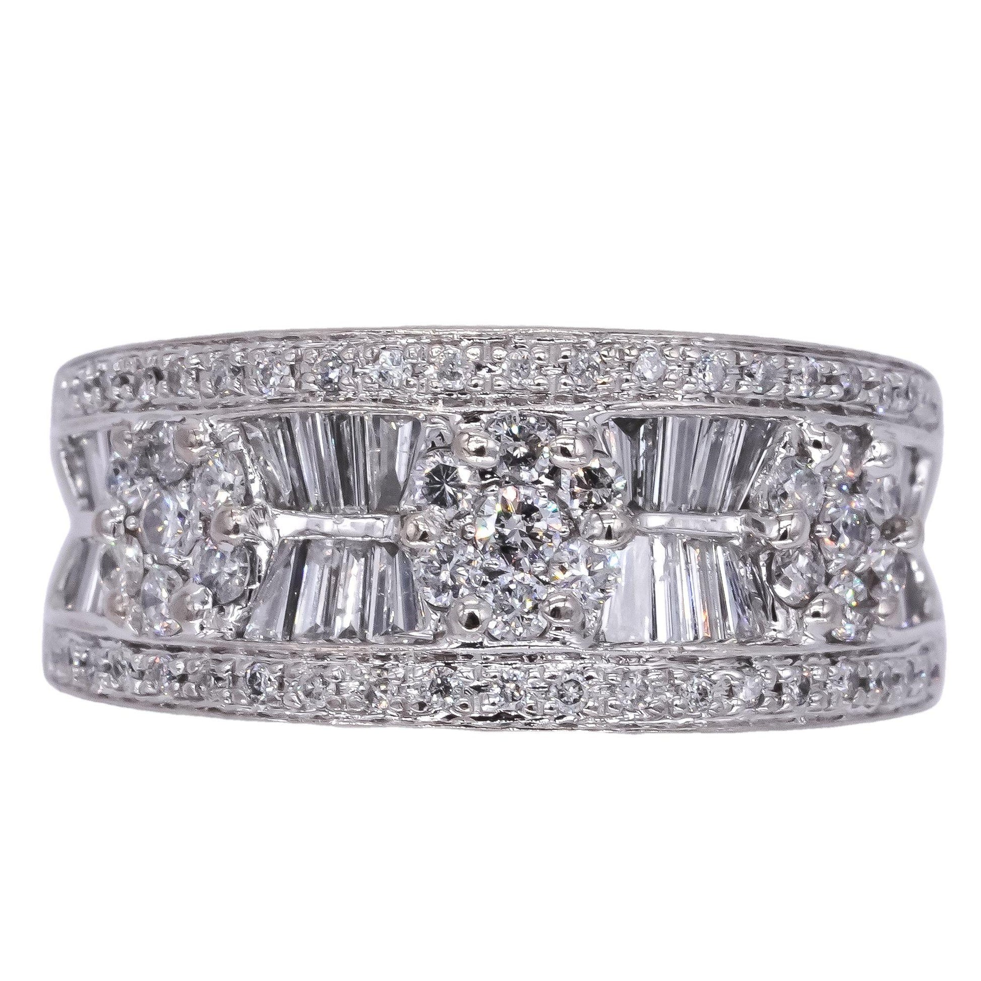 14k White Gold 1.50CT Round and Baguette Diamond Wide Fancy Band Ring size 7.25