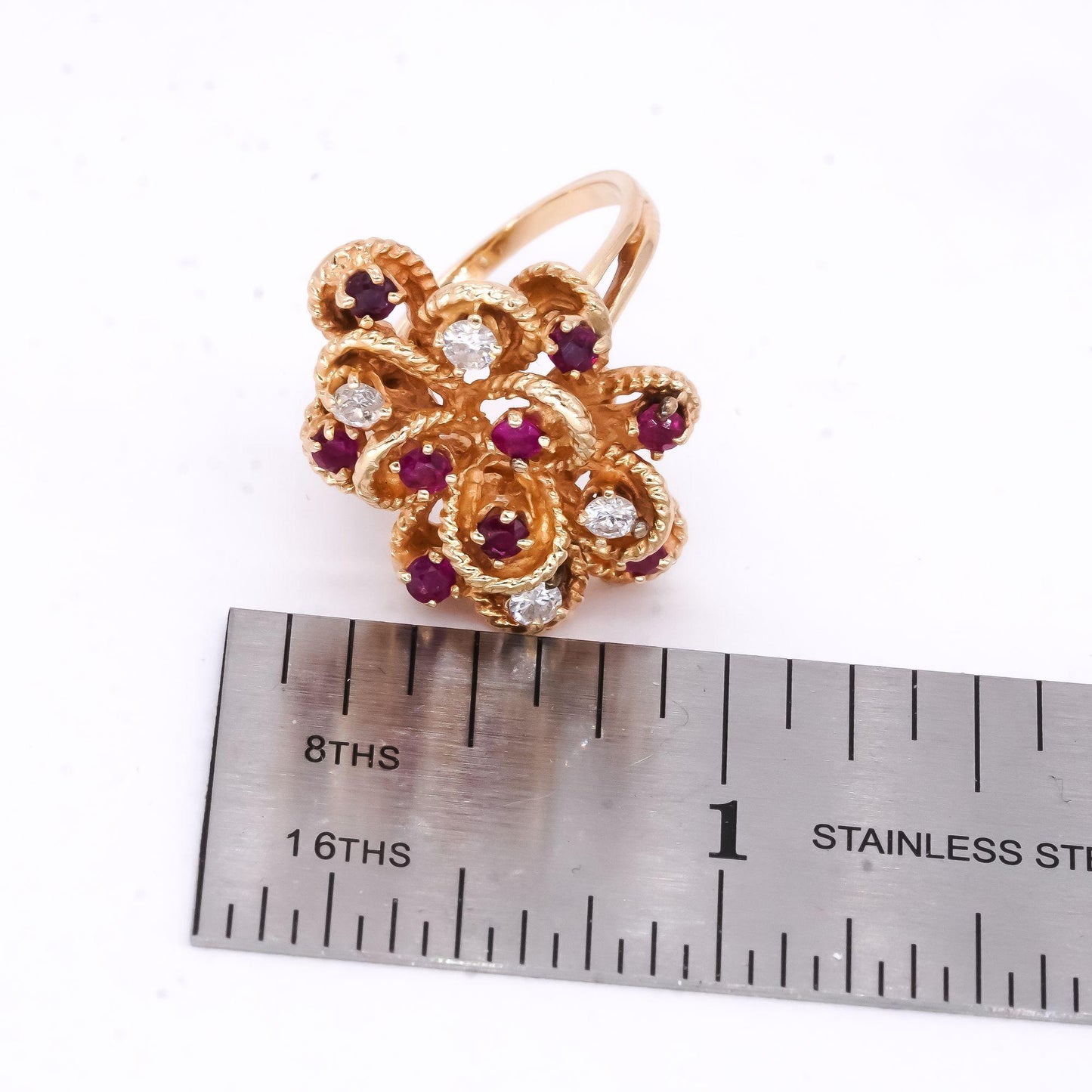 14k Yellow Gold 0.75CT Diamond and Ruby Retro Cocktail Ring size 6.5