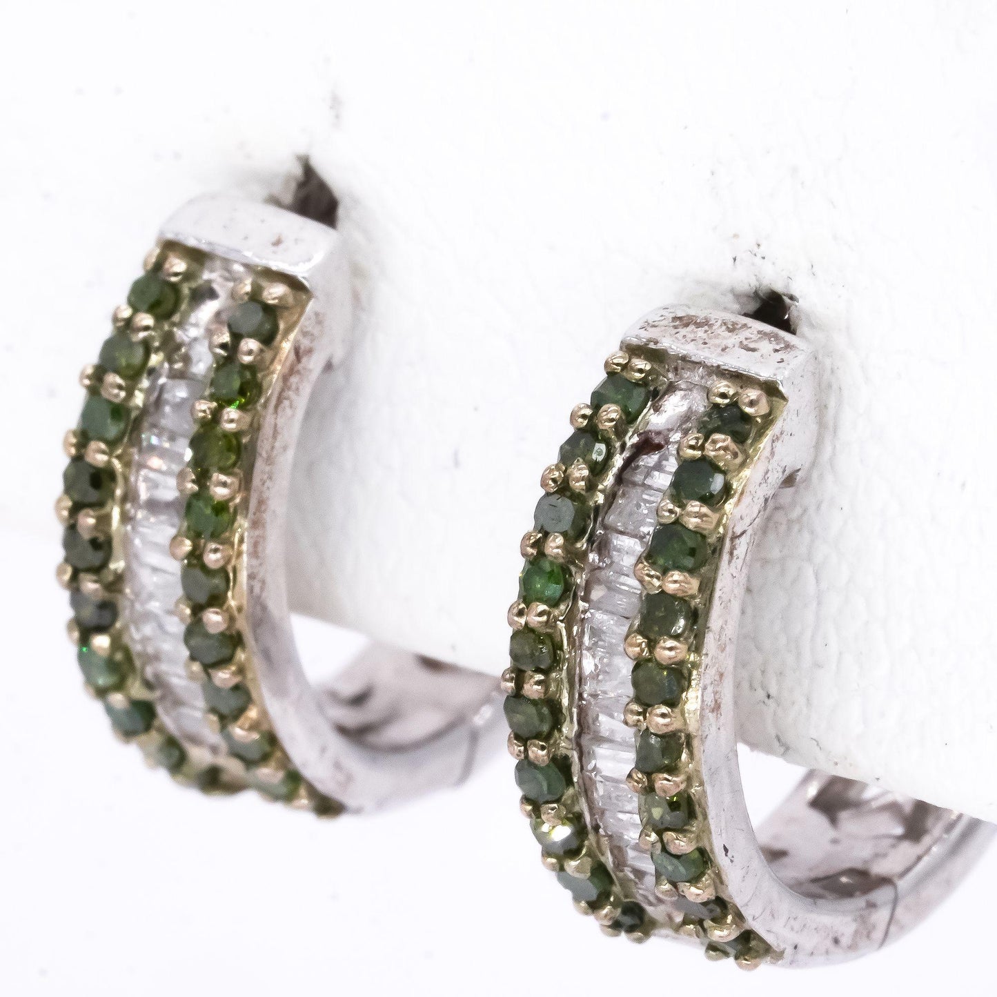 Sterling Silver 0.50ct Green and White Diamond Huggie Hoop Earrings