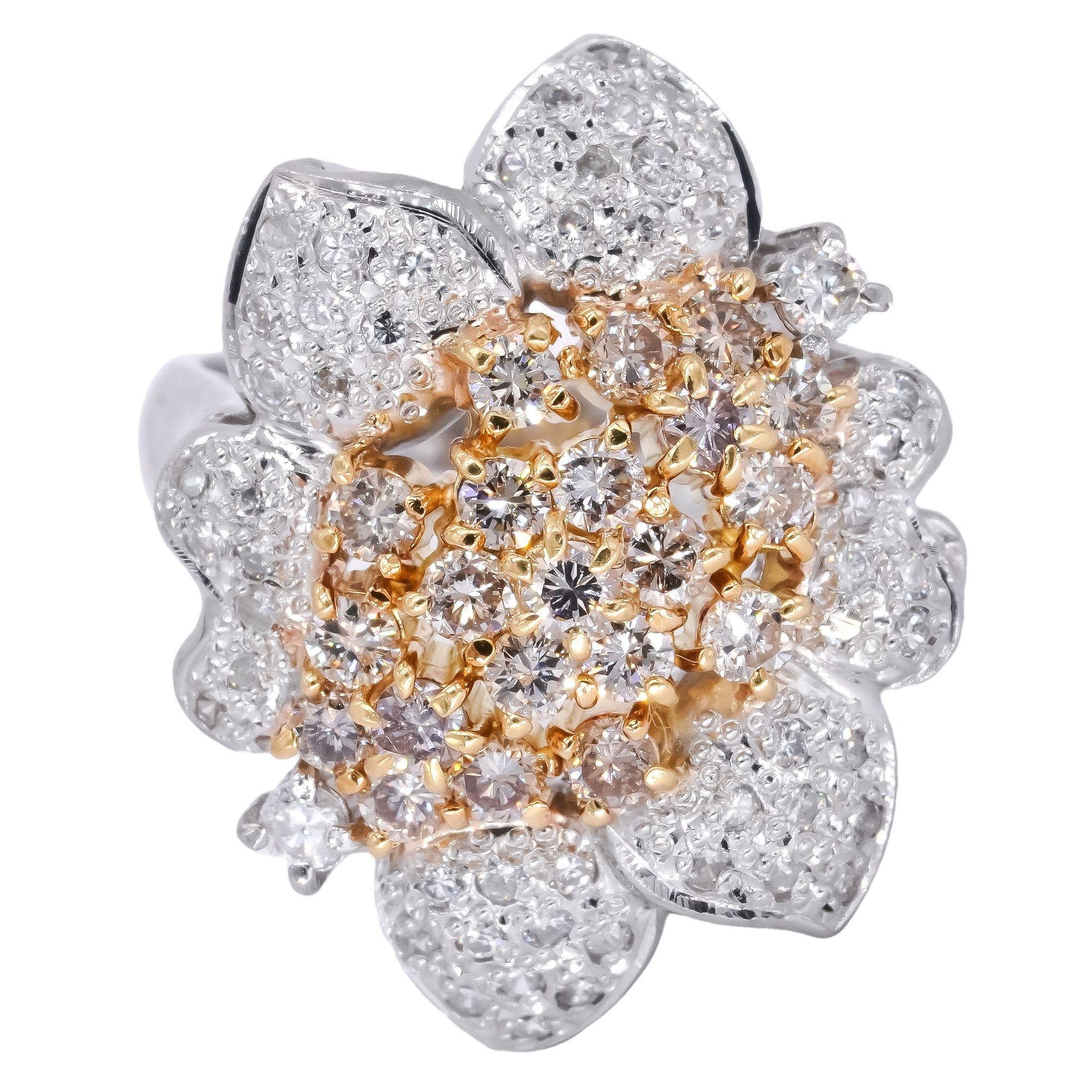 Platinum and 18k Gold 2.0CT Diamond Free Form Flower Cluster Ring size 9