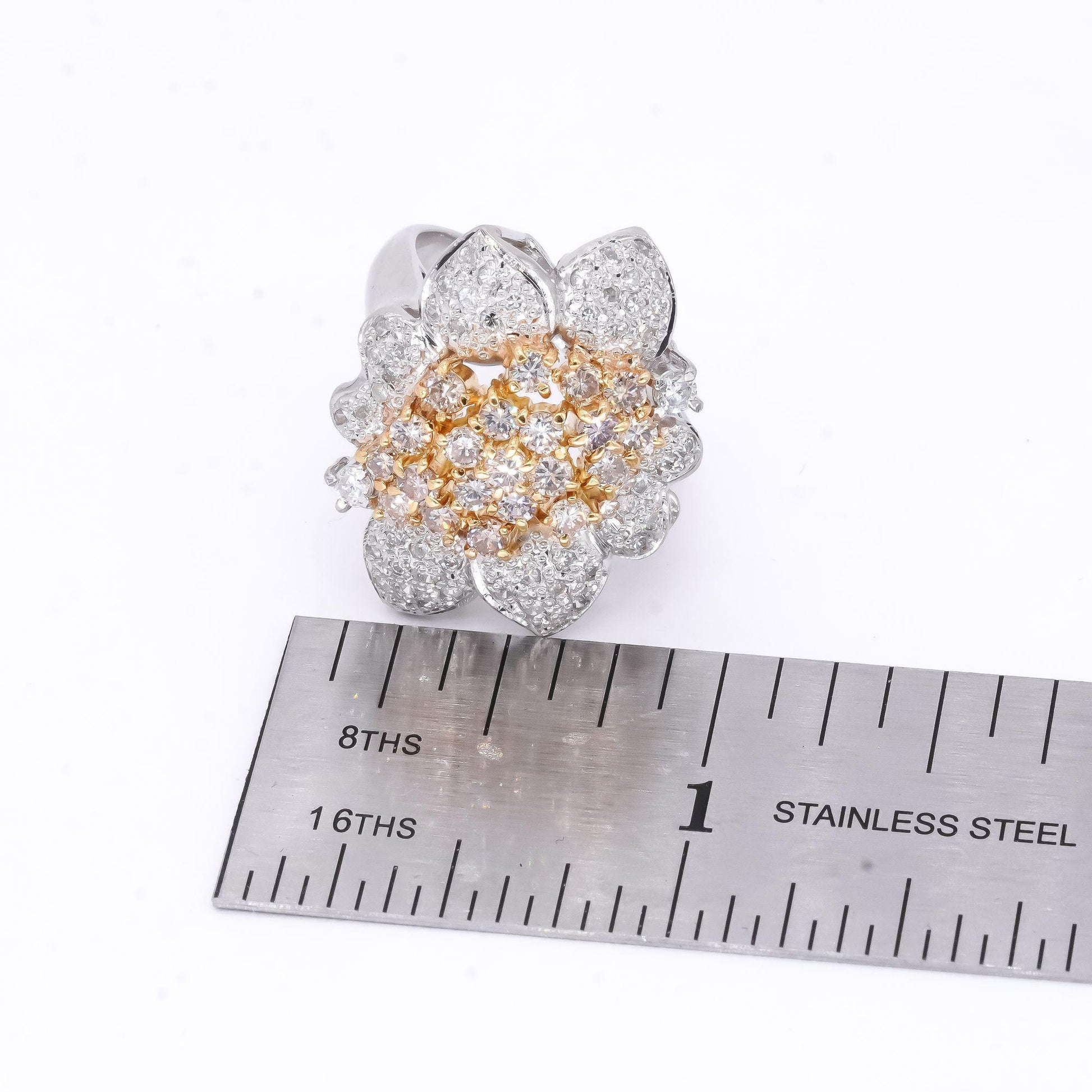 Platinum and 18k Gold 2.0CT Diamond Free Form Flower Cluster Ring size 9