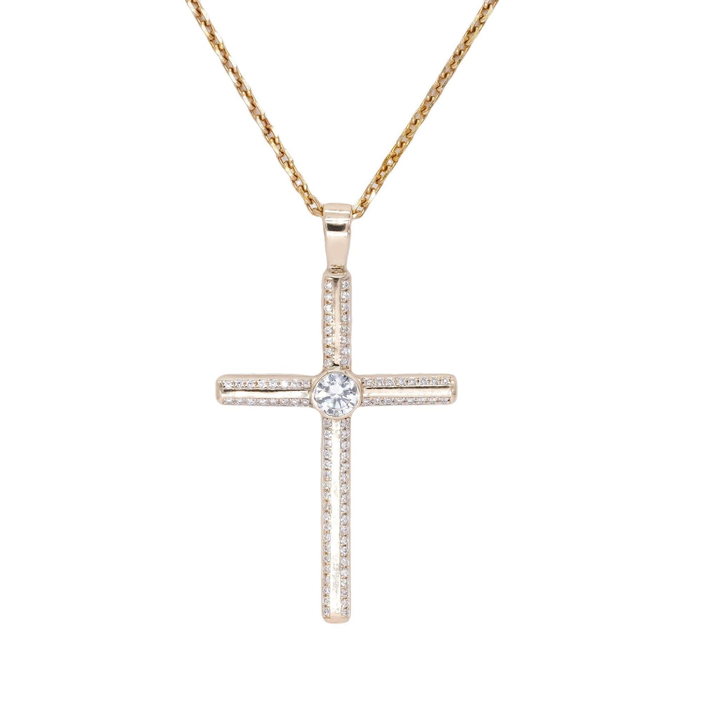 14k Yellow Gold 0.60ct Diamond Cross Pendant Chain Necklace