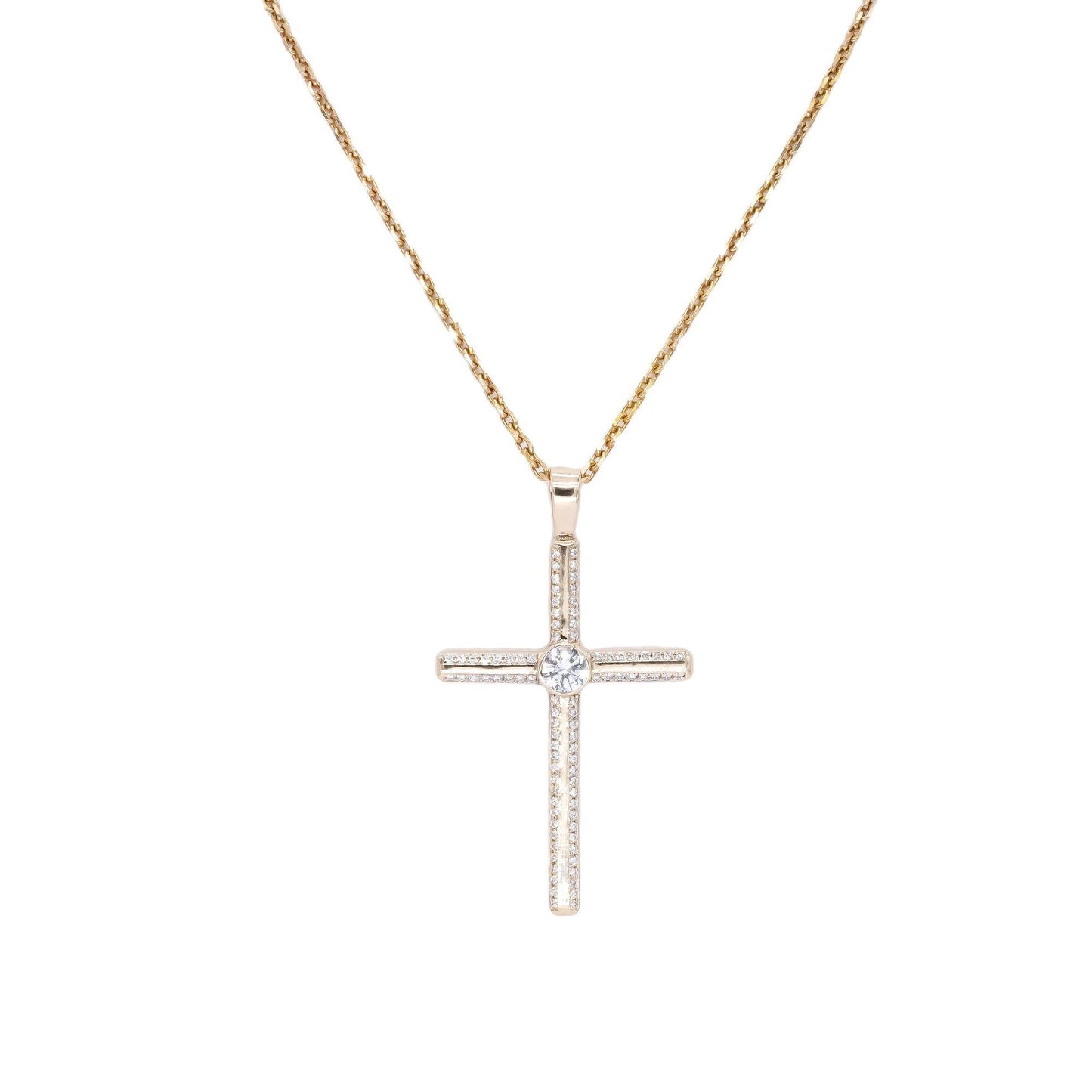 14k Yellow Gold 0.60ct Diamond Cross Pendant Chain Necklace