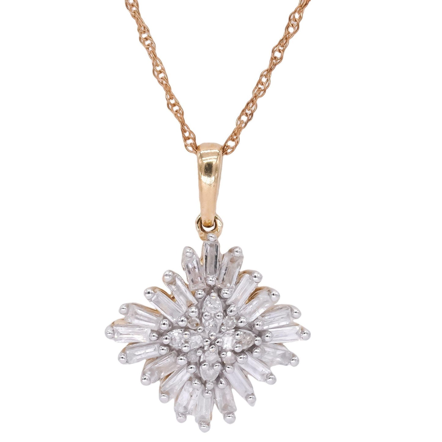 10k Yellow and White Gold 0.75CT Snowflake Sunburst Pendant Necklace