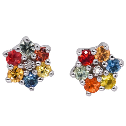 Sterling Silver 0.60CT Rainbow Sapphire Floral Cluster Stud Earrings