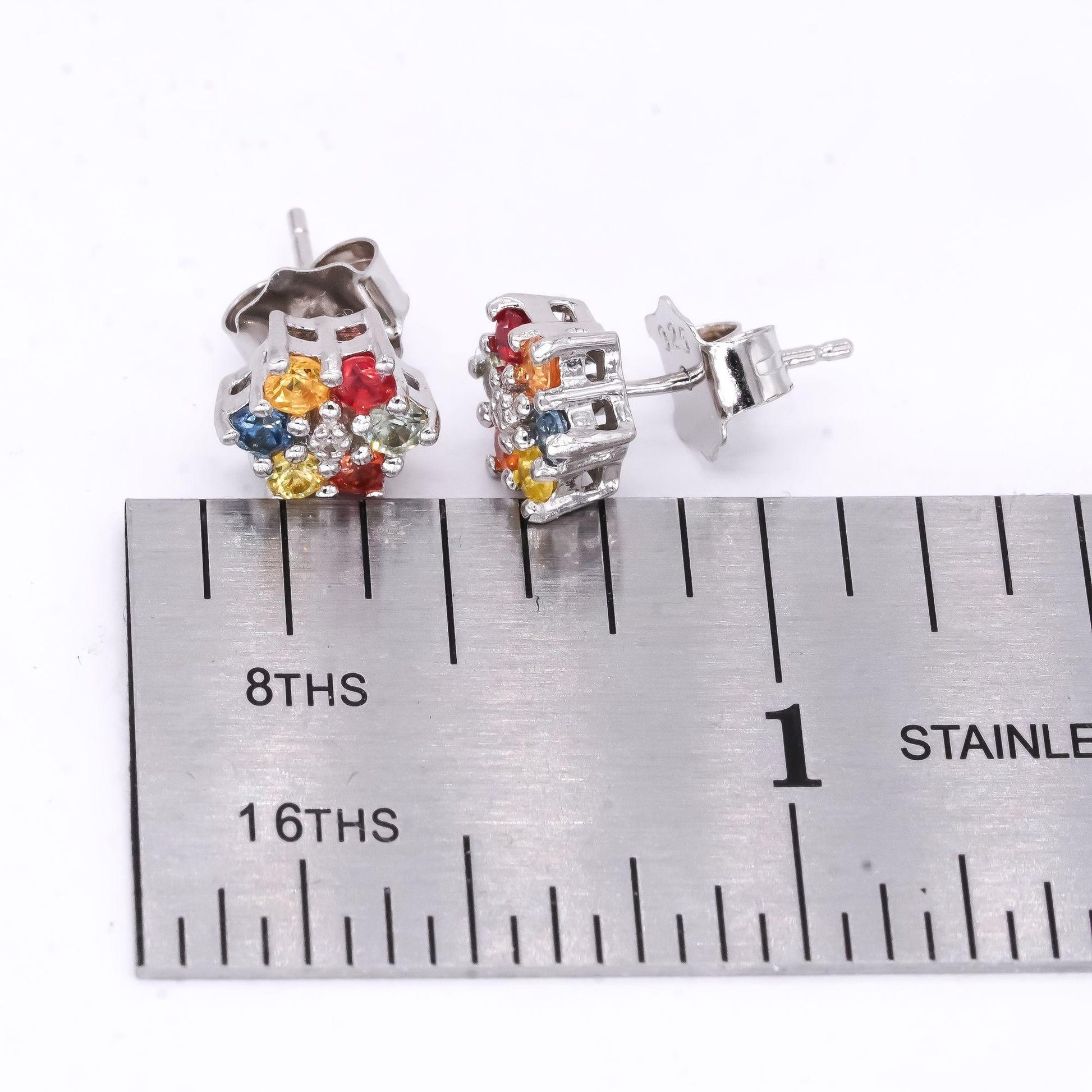 Sterling Silver 0.60CT Rainbow Sapphire Floral Cluster Stud Earrings