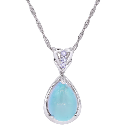 Sterling Silver 4.0CT Synthetic Cat's Eye and Natural Tanzanite Pendant Necklace