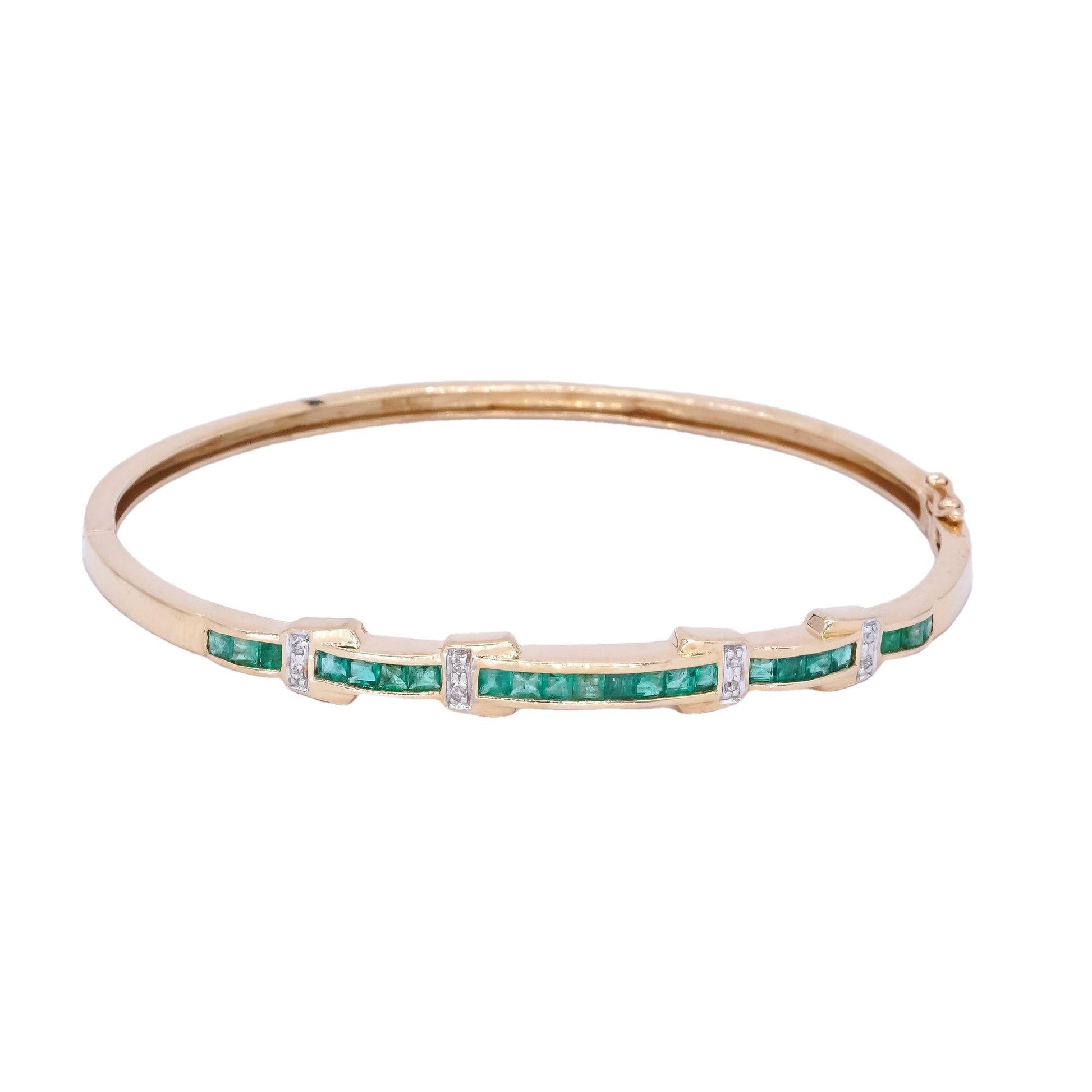 14k Yellow Gold Jewelry 0.80CT Diamond and Emerald Bangle Bracelet