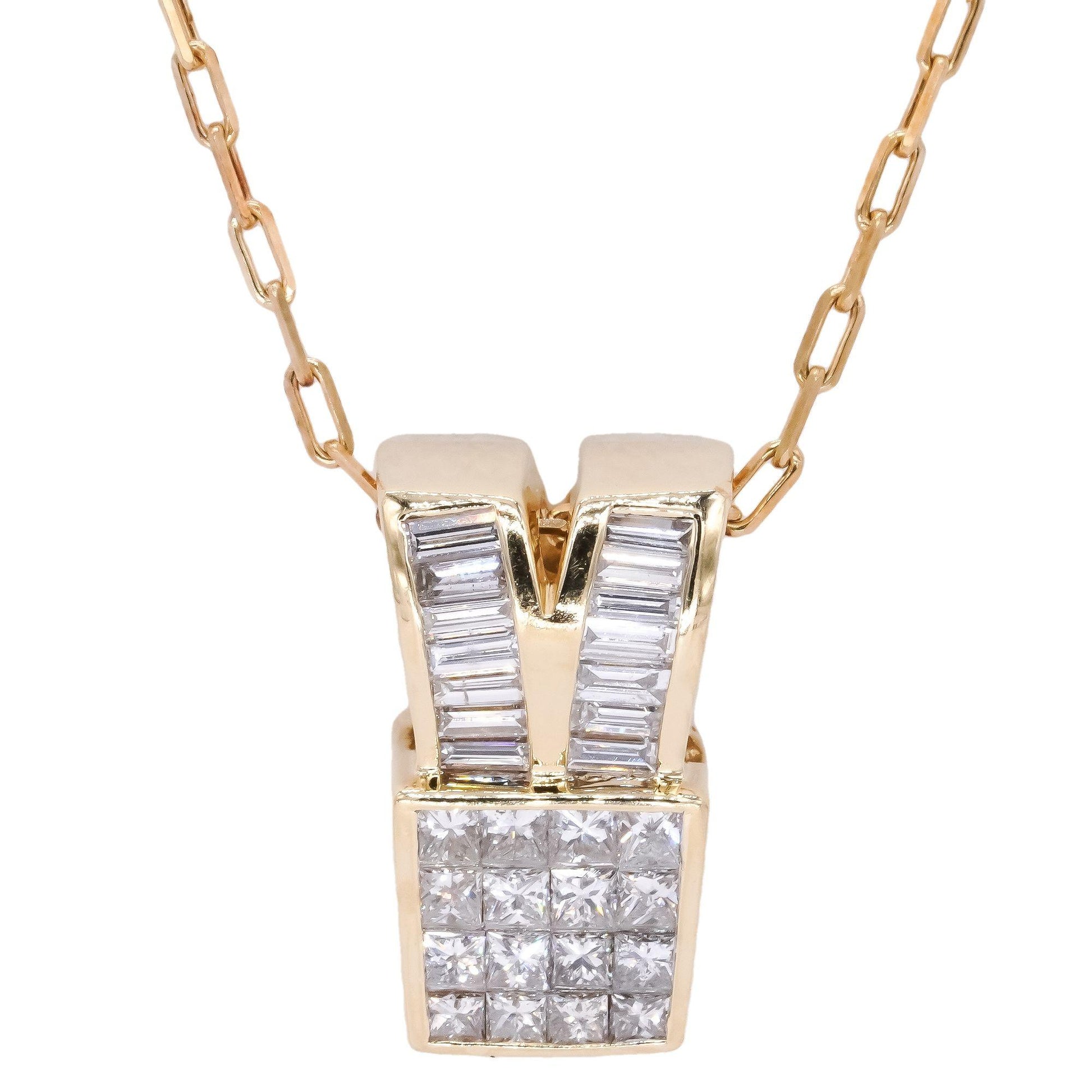 14k Gold 1.50CT VS Baguette and Princess Cut Diamond Drop Pendant Necklace