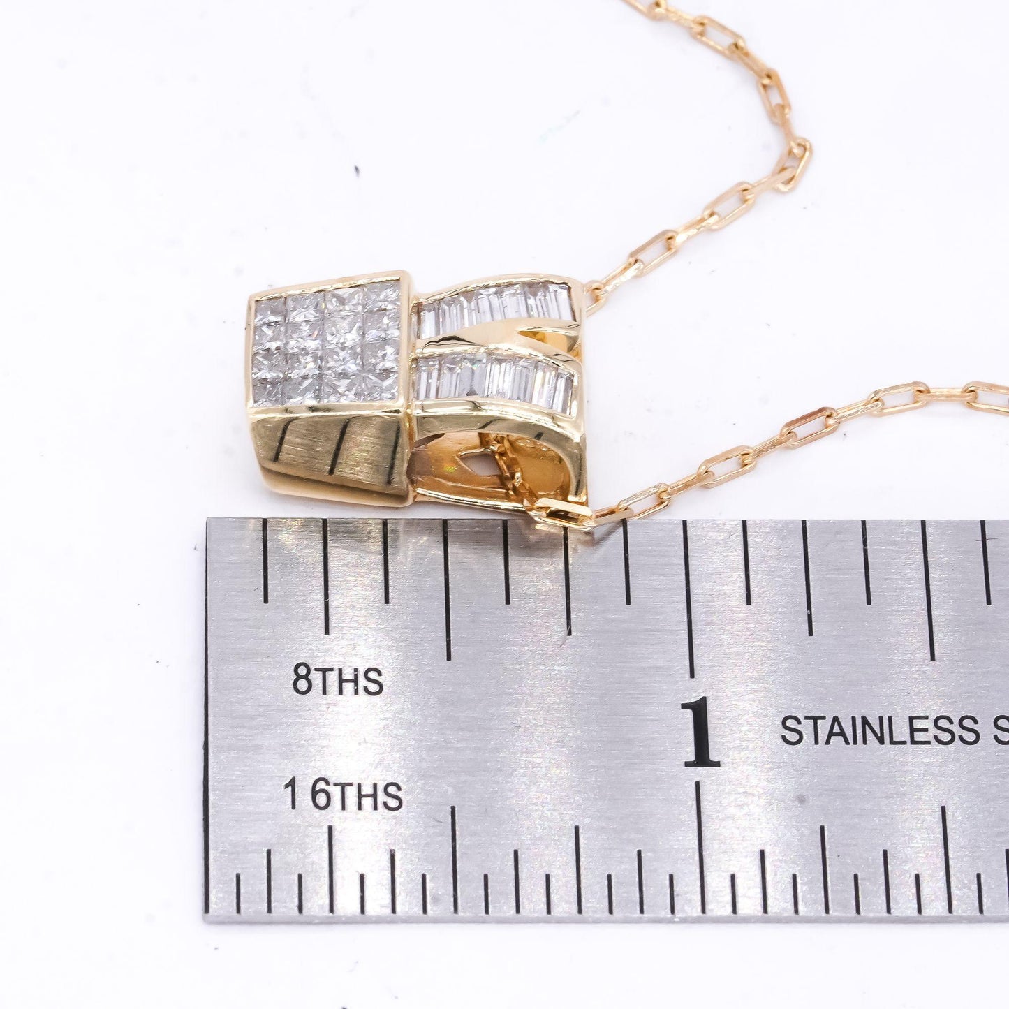 14k Gold 1.50CT VS Baguette and Princess Cut Diamond Drop Pendant Necklace