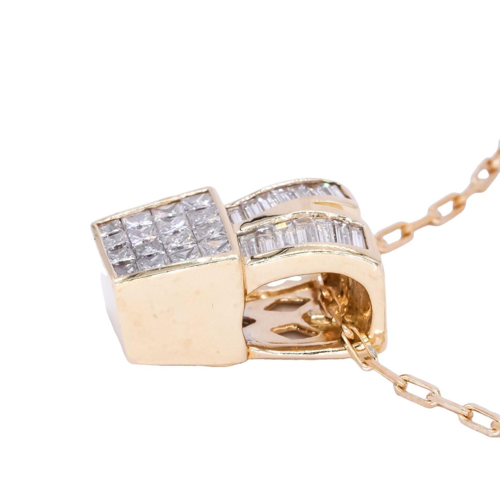 14k Gold 1.50CT VS Baguette and Princess Cut Diamond Drop Pendant Necklace