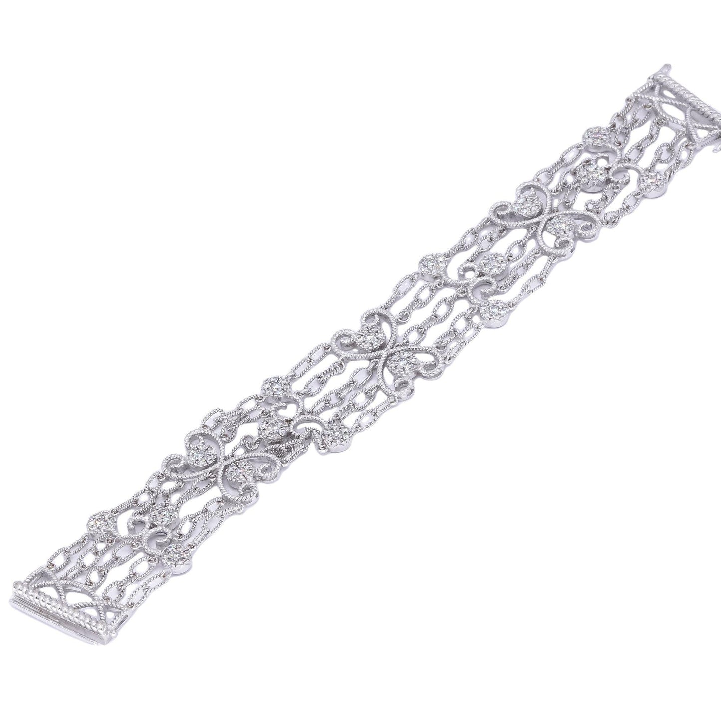 14k White Gold 2.25CT Diamond Cluster Flower Chain Link Fancy Bracelet