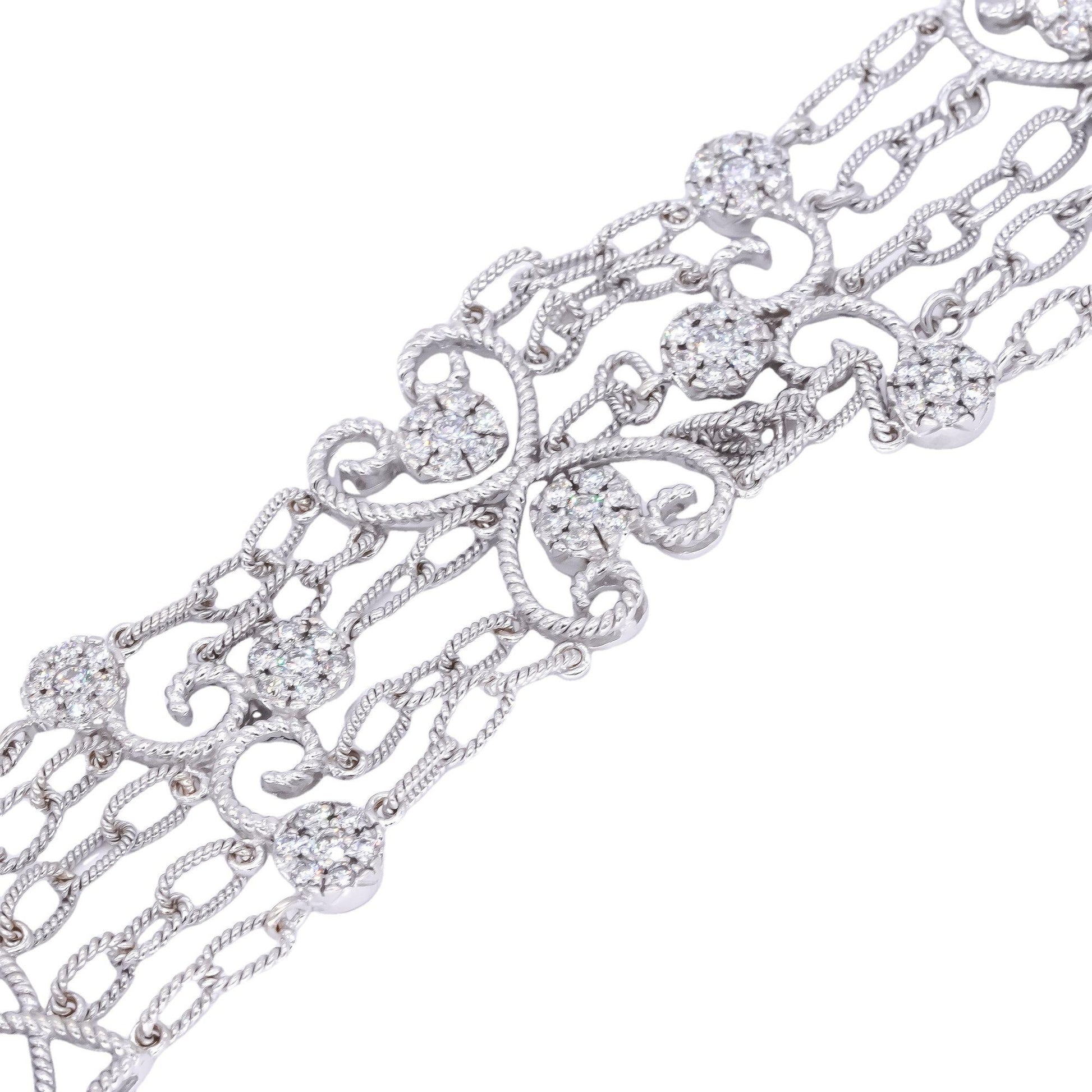 14k White Gold 2.25CT Diamond Cluster Flower Chain Link Fancy Bracelet