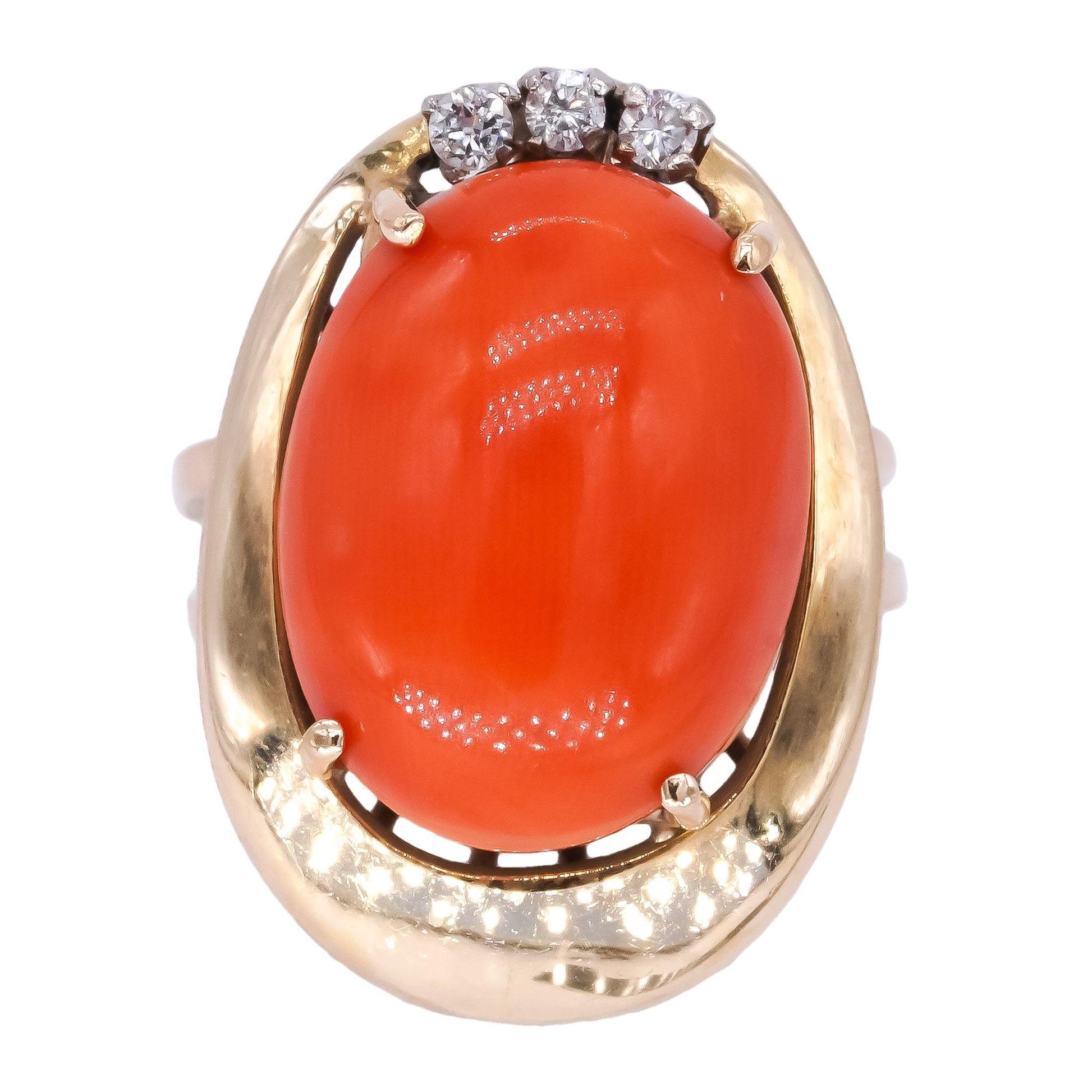 14k Yellow Gold 0.10ct Diamond and Coral Retro Cocktail Ring Size 3.5