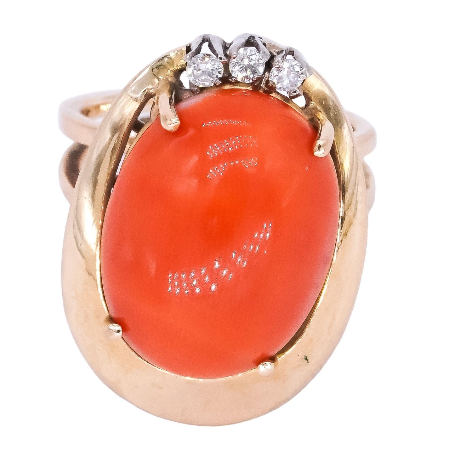 14k Yellow Gold 0.10ct Diamond and Coral Retro Cocktail Ring Size 3.5