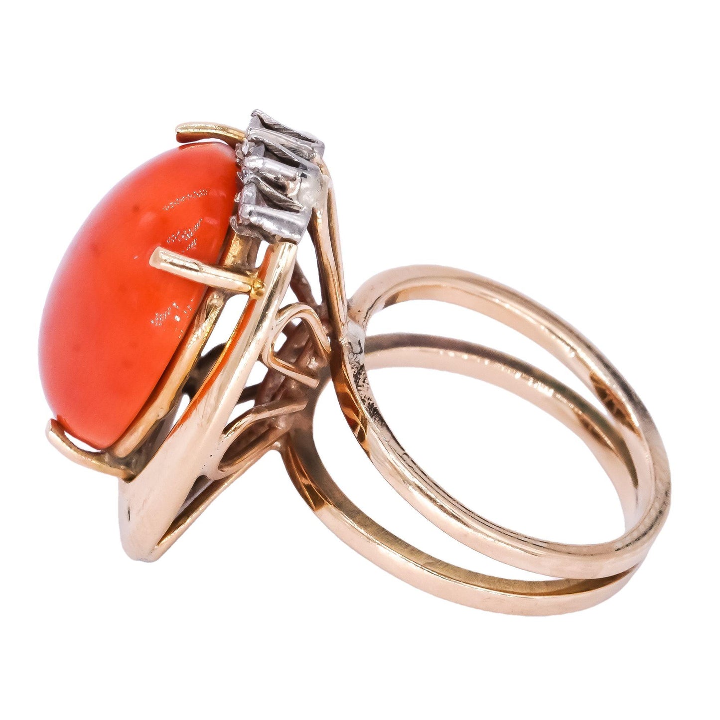 14k Yellow Gold 0.10ct Diamond and Coral Retro Cocktail Ring Size 3.5