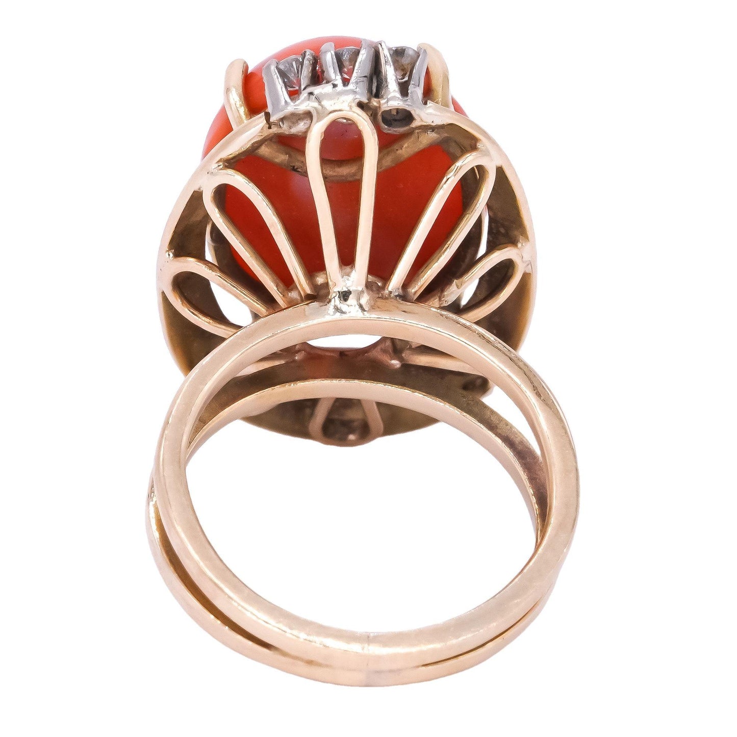 14k Yellow Gold 0.10ct Diamond and Coral Retro Cocktail Ring Size 3.5