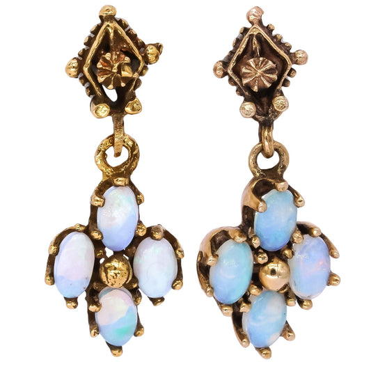 14k Yellow Gold Vintage 1.0ct Opal Cluster Dangle Earrings