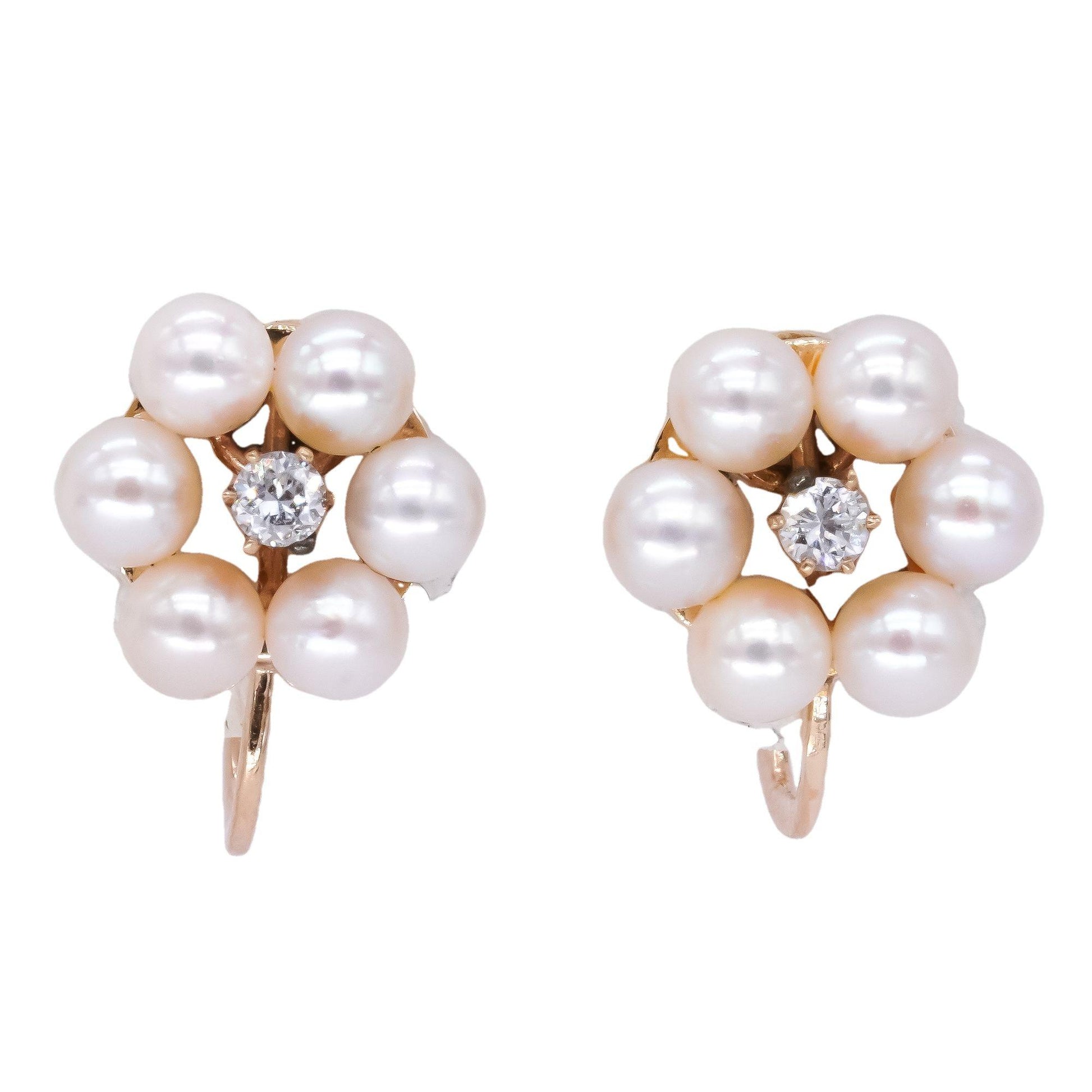 14k Yellow Gold 0.08ct Diamond and Pearl Flower Screw Back Earrings