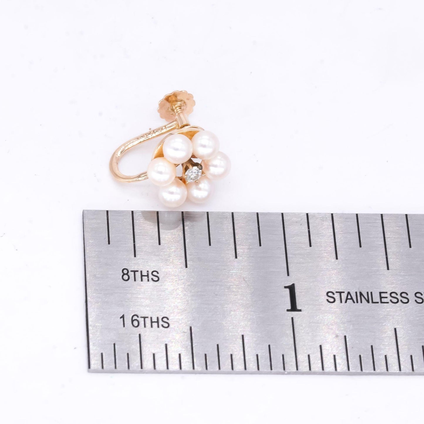 14k Yellow Gold 0.08ct Diamond and Pearl Flower Screw Back Earrings