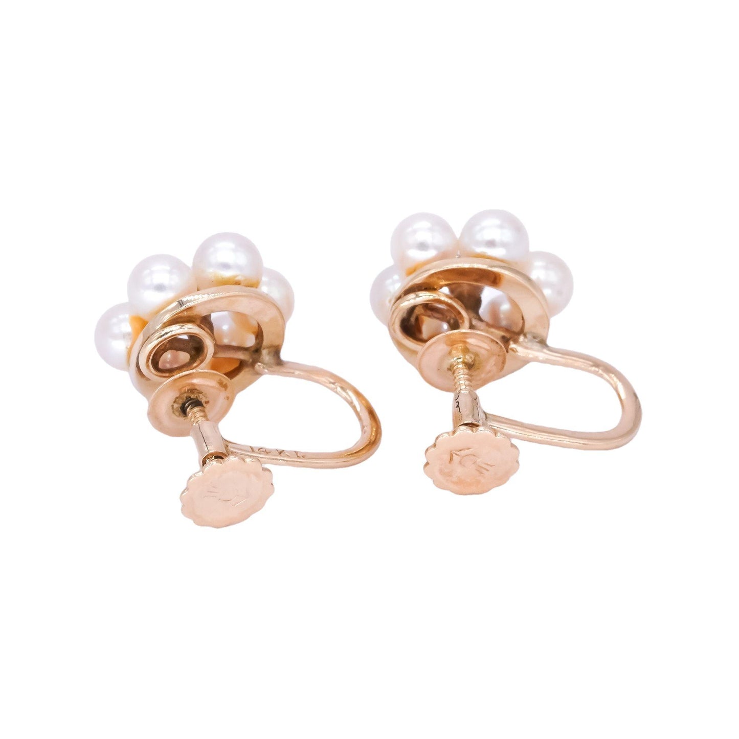 14k Yellow Gold 0.08ct Diamond and Pearl Flower Screw Back Earrings