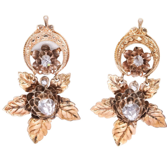 14k Yellow Gold Antique 0.75ct Rose Cut Diamond Flower Dangle Earrings