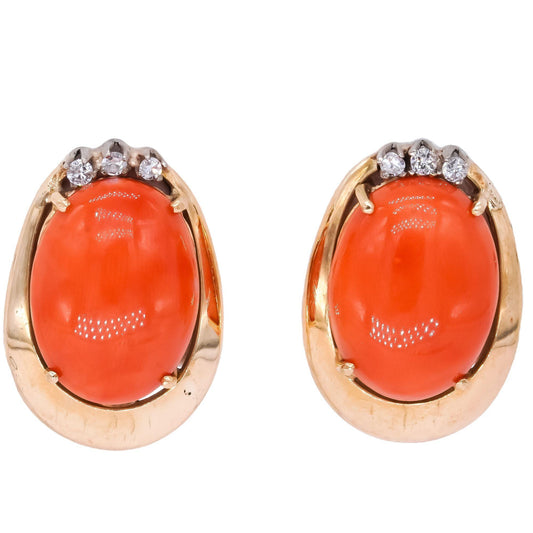 14k Yellow Gold 0.13ct Diamond and Coral Retro Earrings