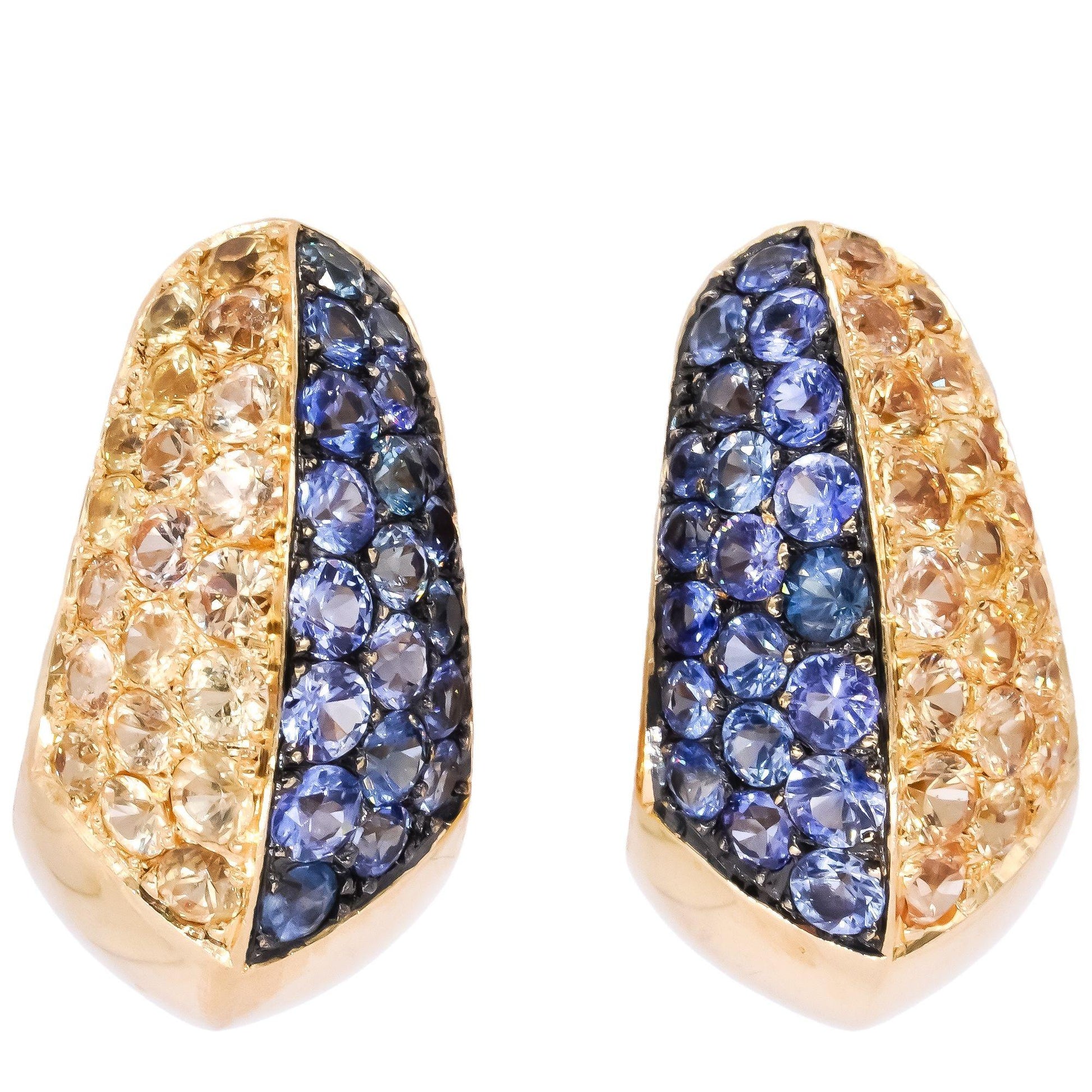 18k Yellow Gold Blue and Yellow Sapphire Fancy Hoop Pave Set Earrings