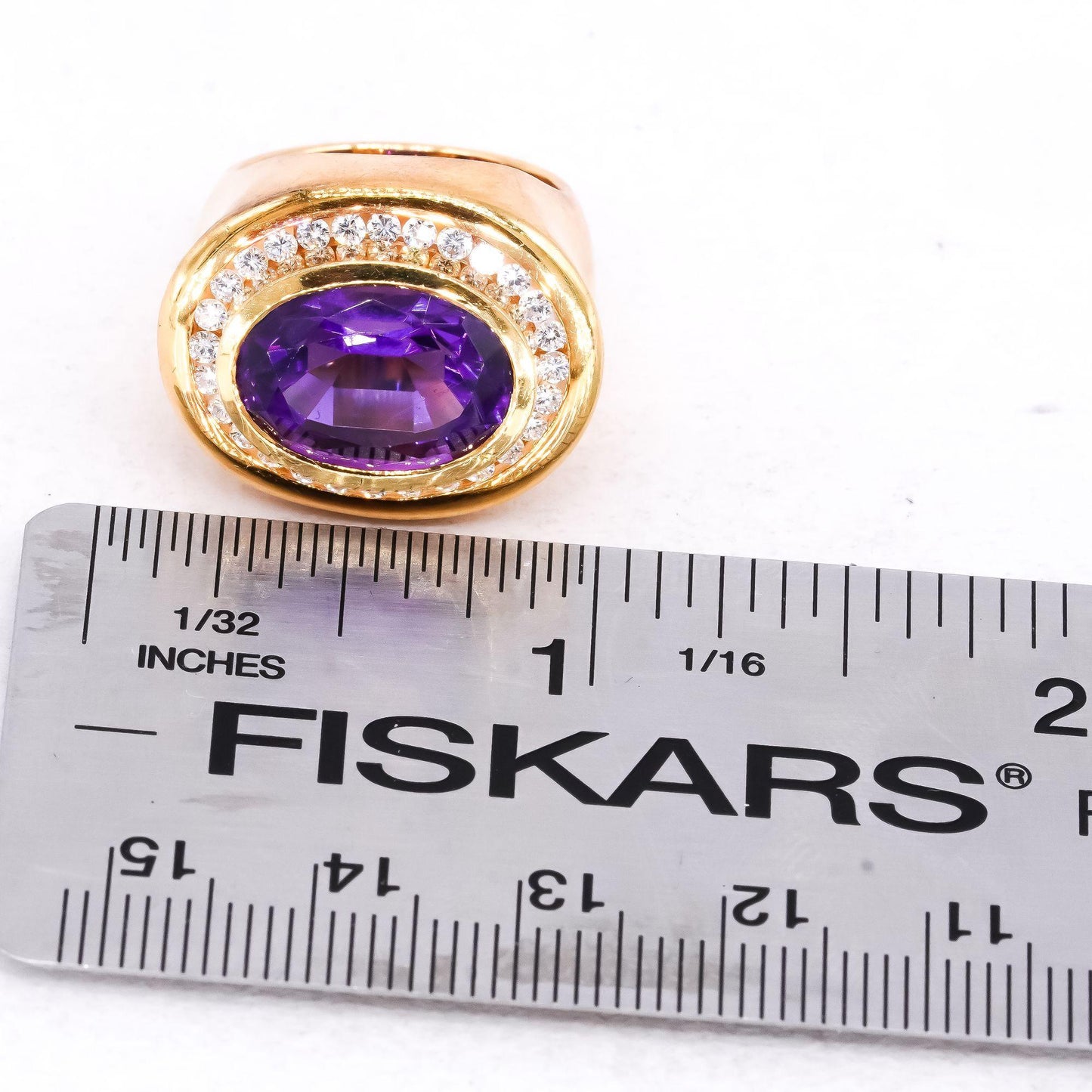 18k Yellow Gold 6.35ct Diamond + Amethyst Cocktail Ring Size 5.75