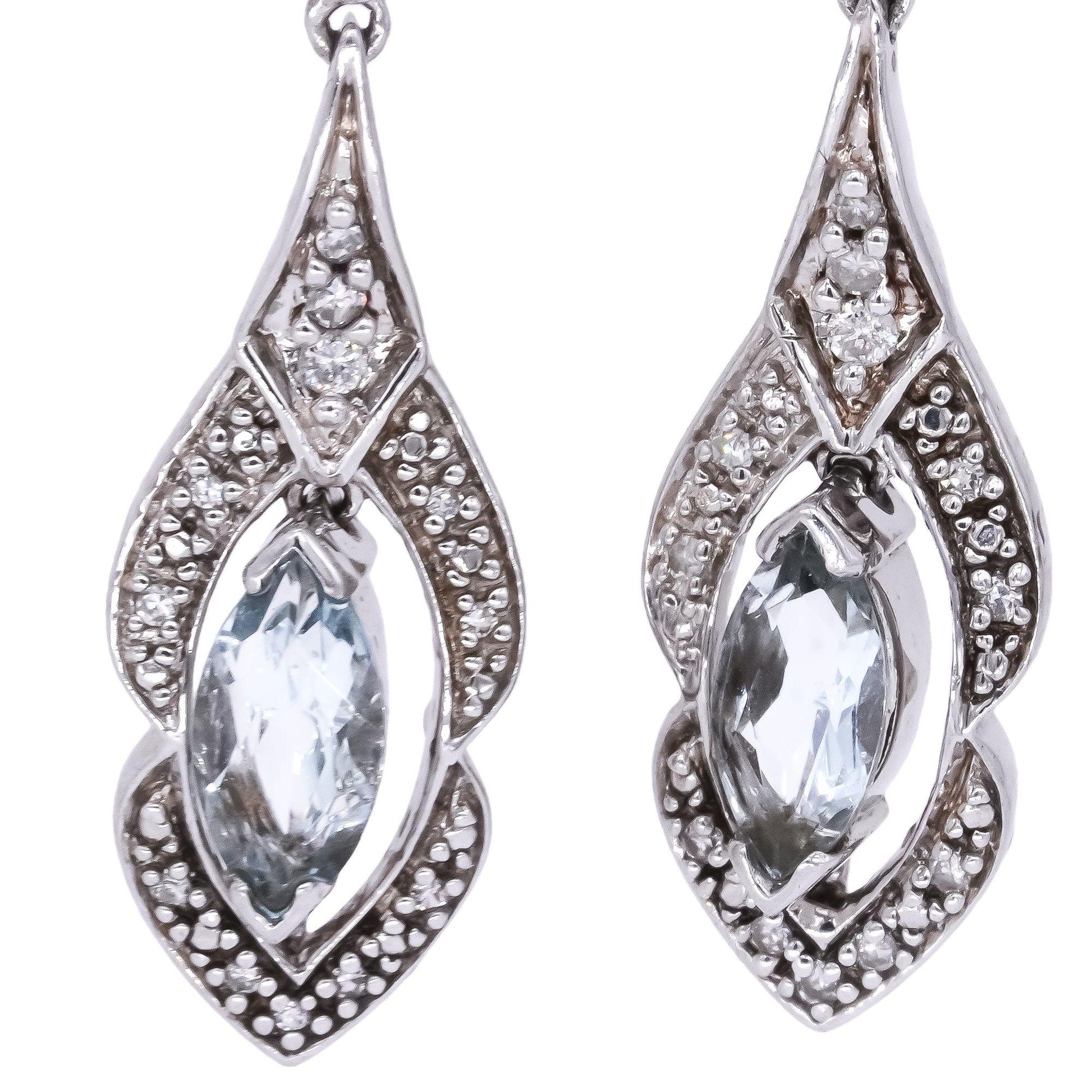 Sterling Silver Jewelry 0.60CT Diamond and Aquamarine Drop Dangle Earrings