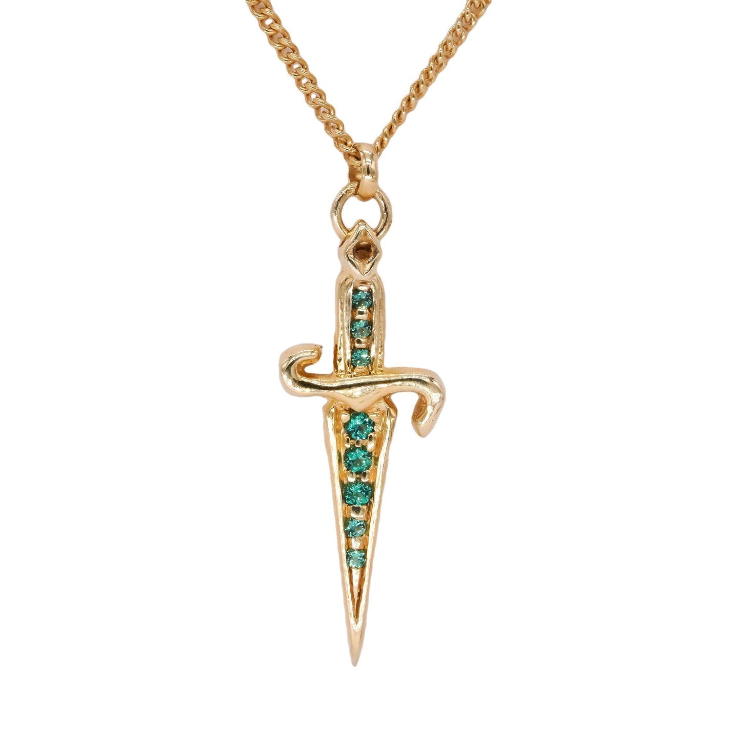 PACIOTTI Sterling Silver Gold Plated Green Cubic Zirconia Dagger Necklace