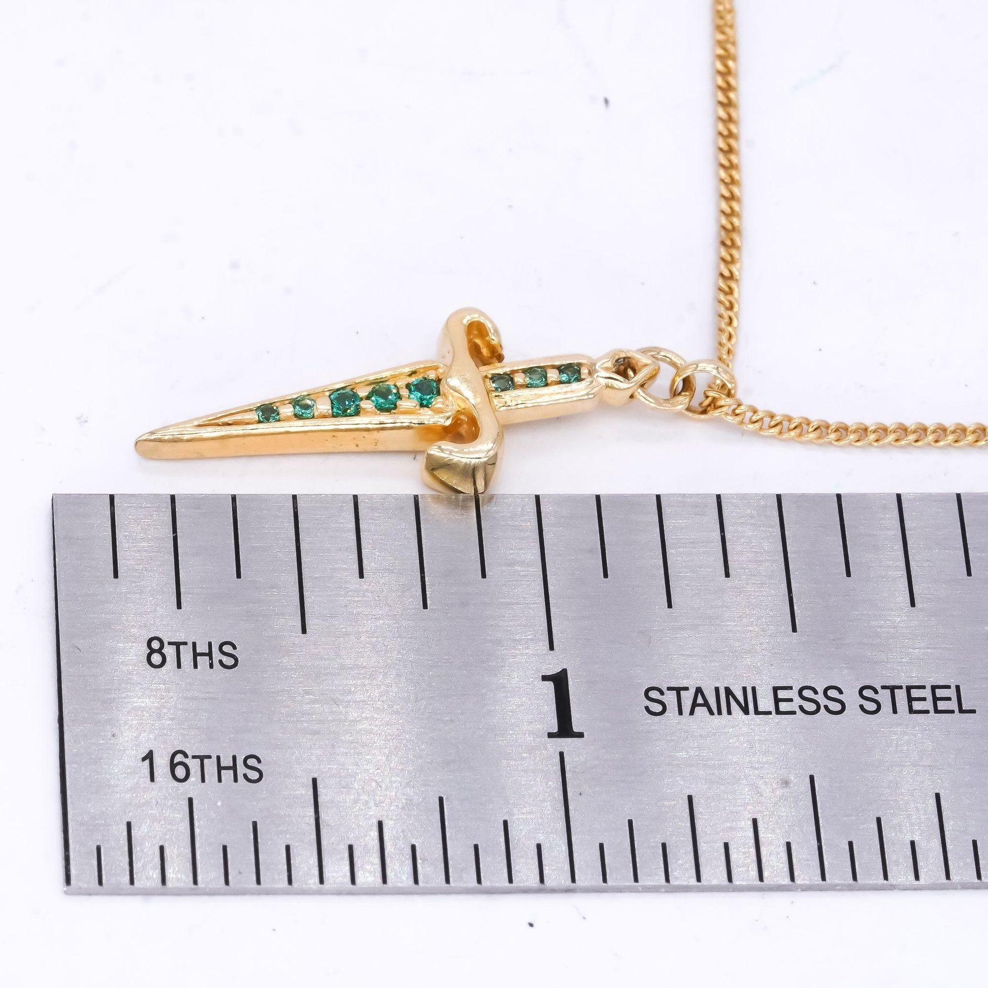 PACIOTTI Sterling Silver Gold Plated Green Cubic Zirconia Dagger Necklace