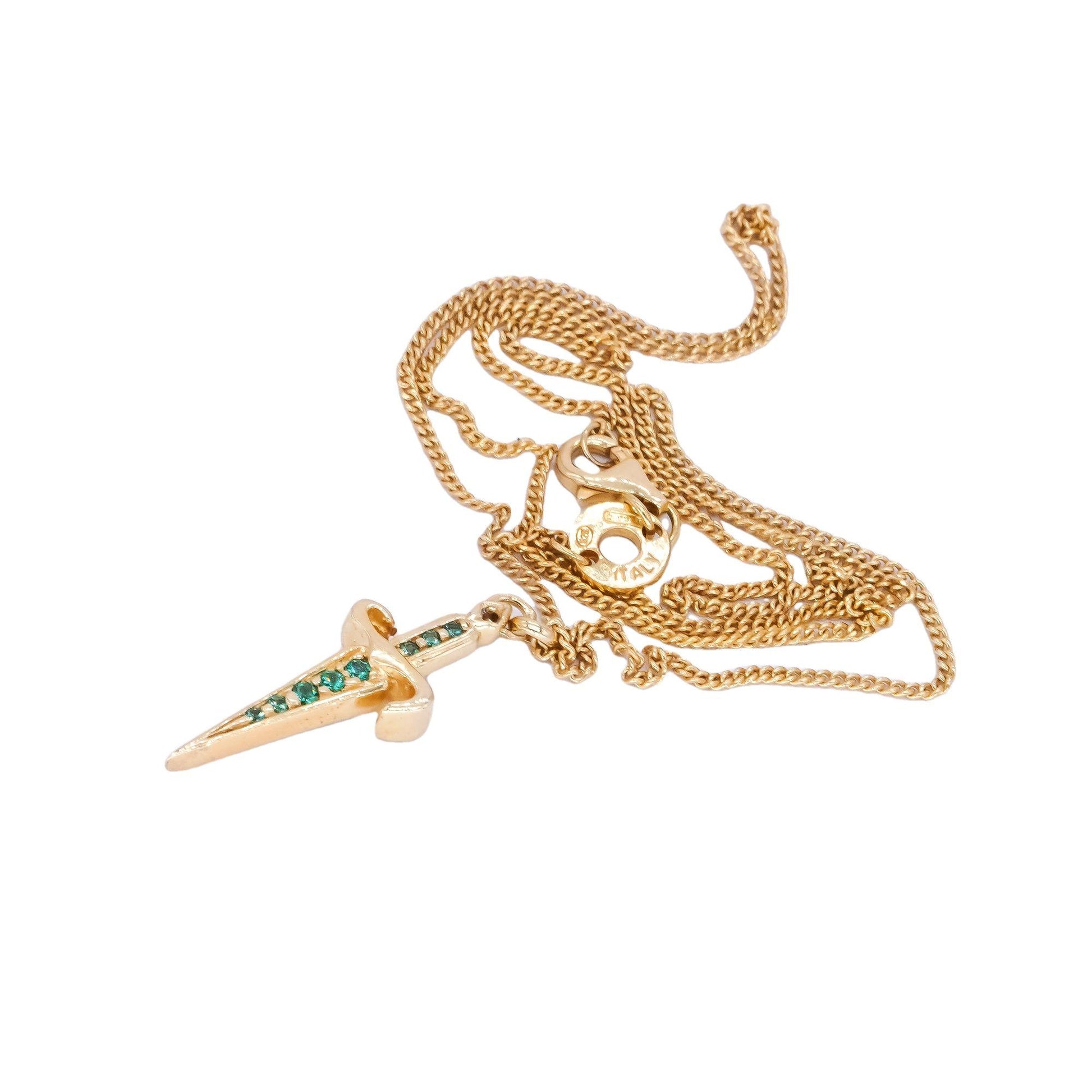 PACIOTTI Sterling Silver Gold Plated Green Cubic Zirconia Dagger Necklace