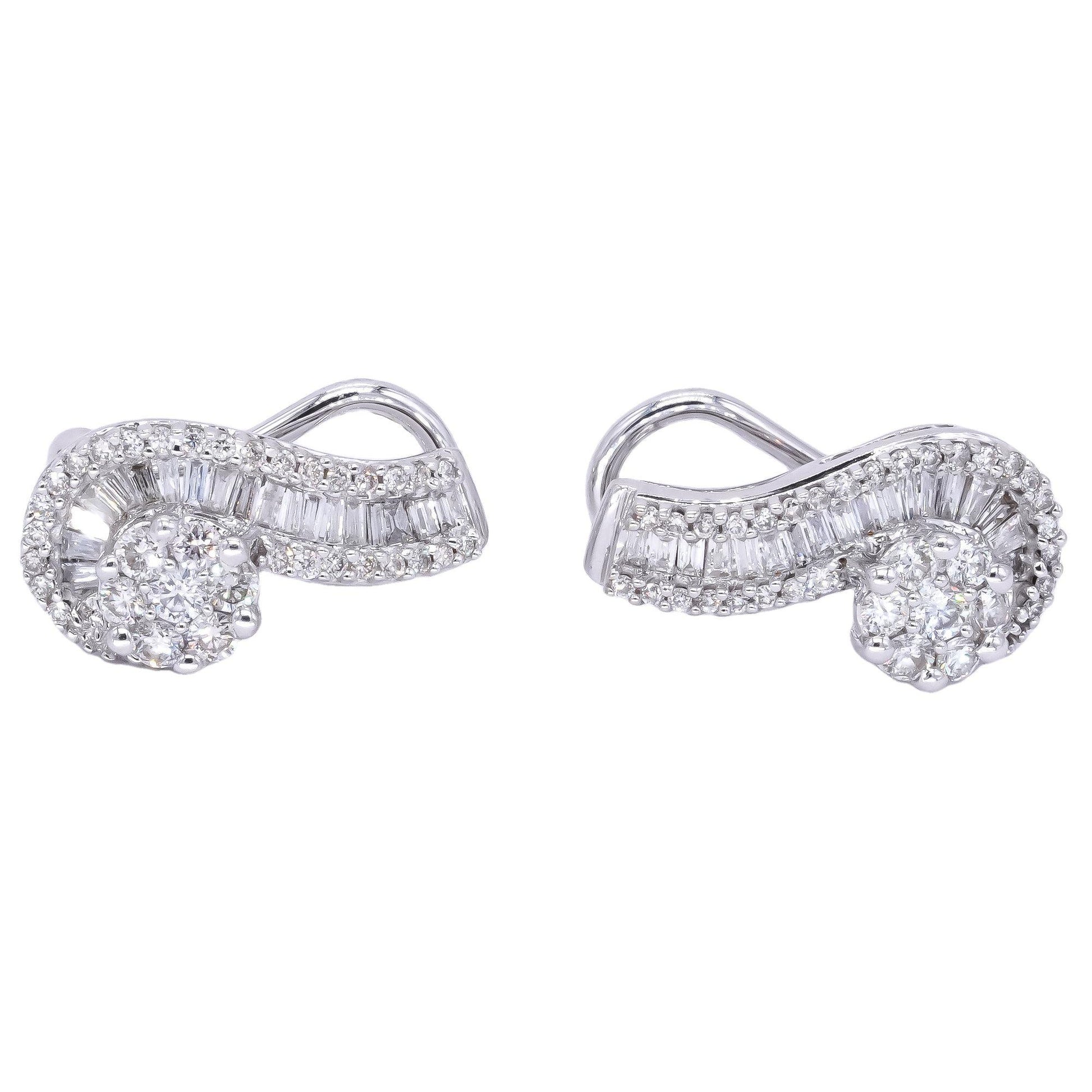 14k White Gold 1.50CT VS Round and Baguette Cluster Hoop Formal Earrings