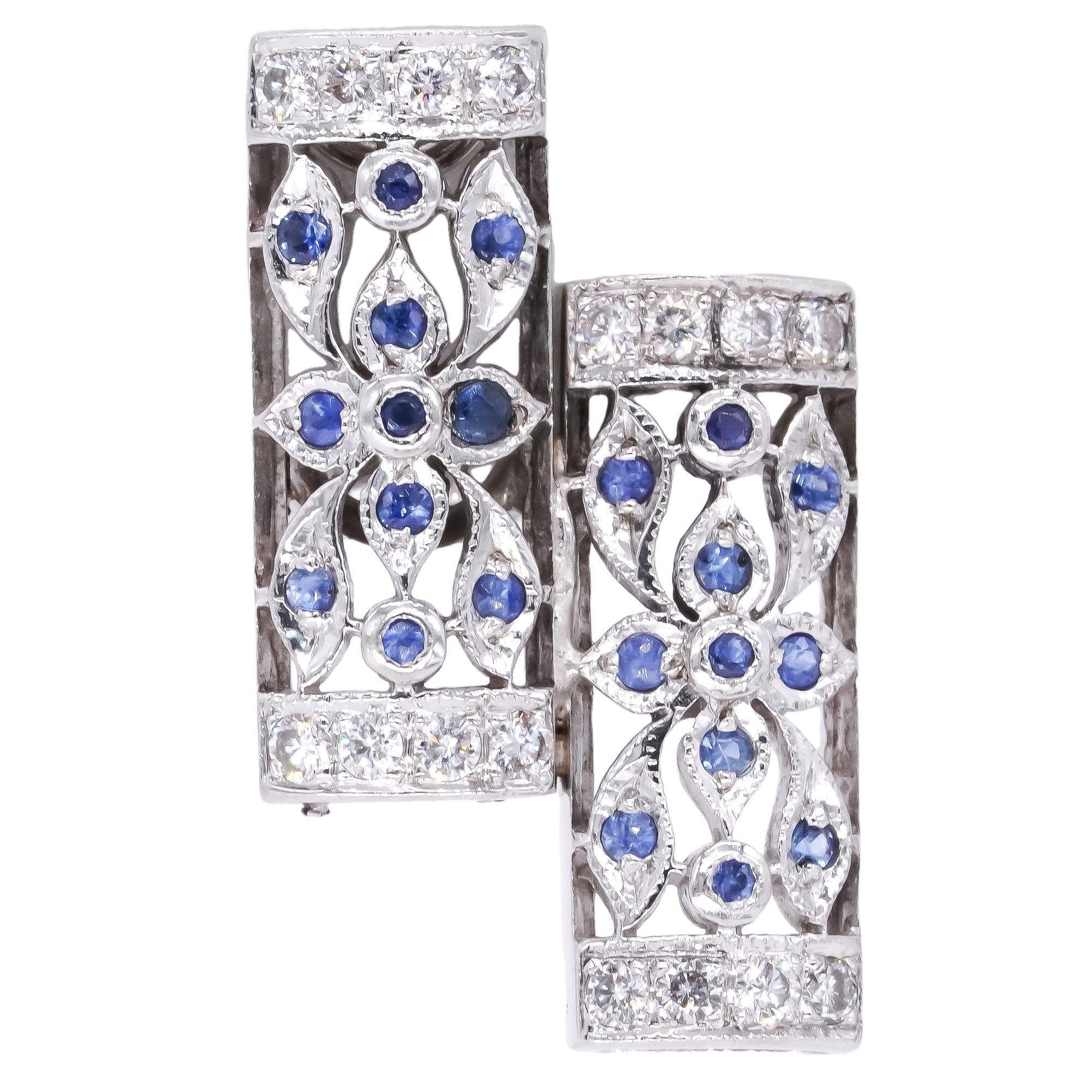 18k White Gold Jewelry 0.80CT VS Diamond & Sapphire Floral Earrings