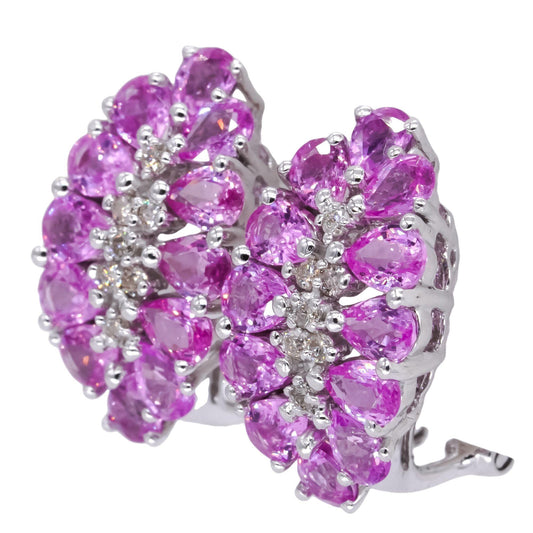 14k White Gold 2.60CT Diamond and Pink Sapphire Cluster Curved Earrings