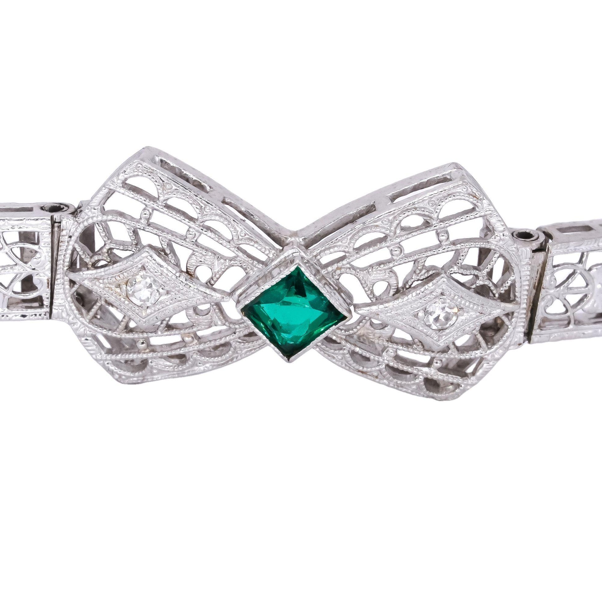 Vintage 14k White Gold 0.05CT VS Diamond Green Glass Filigree Bow Bracelet