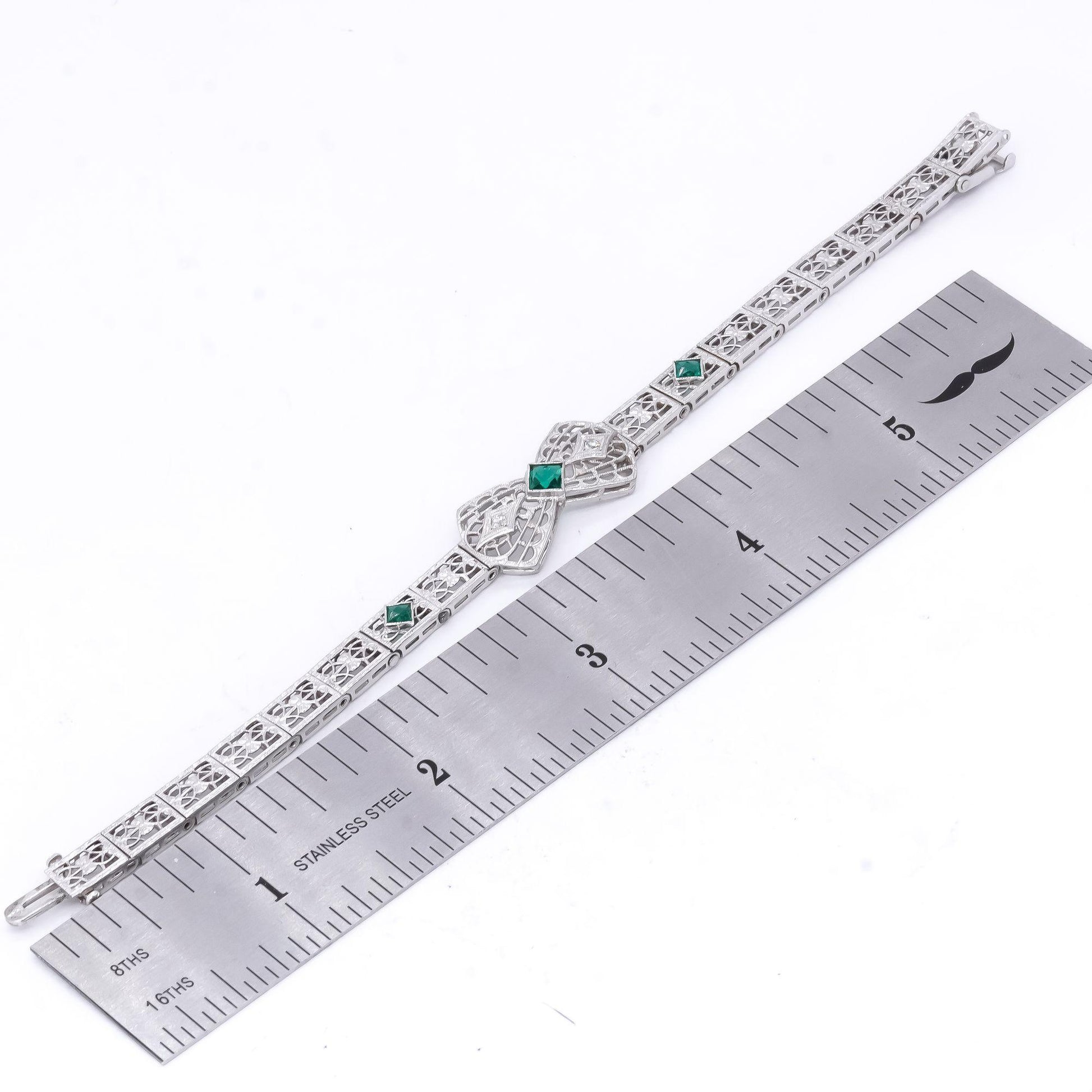 Vintage 14k White Gold 0.05CT VS Diamond Green Glass Filigree Bow Bracelet