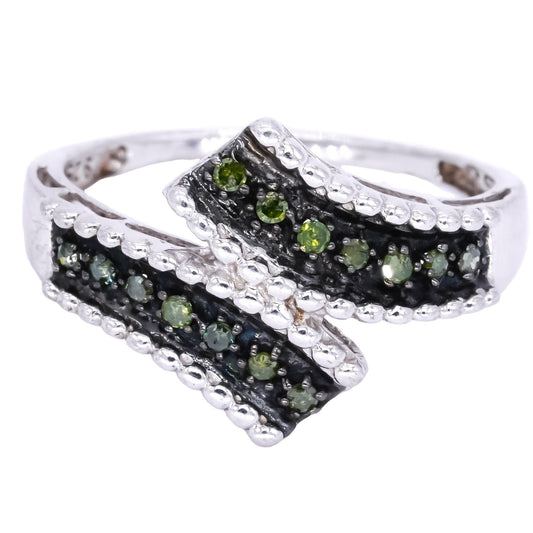 Sterling Silver 0.10CT Green Diamond By Pass Cluster Band Ring size 8.25