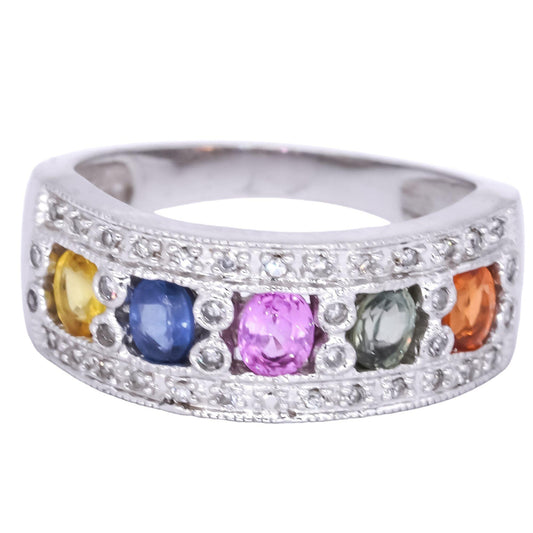 10k White Gold 0.68CT Diamond and Rainbow Sapphire Band Ring size 7.25