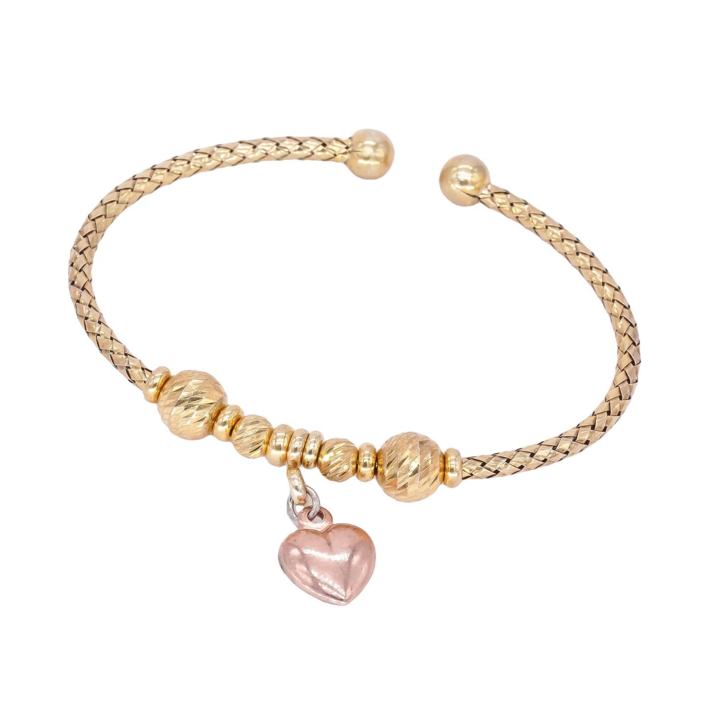 Sterling Silver Gold Plated Diamond Cut Ball and Heart Flexible Bangle Bracelet