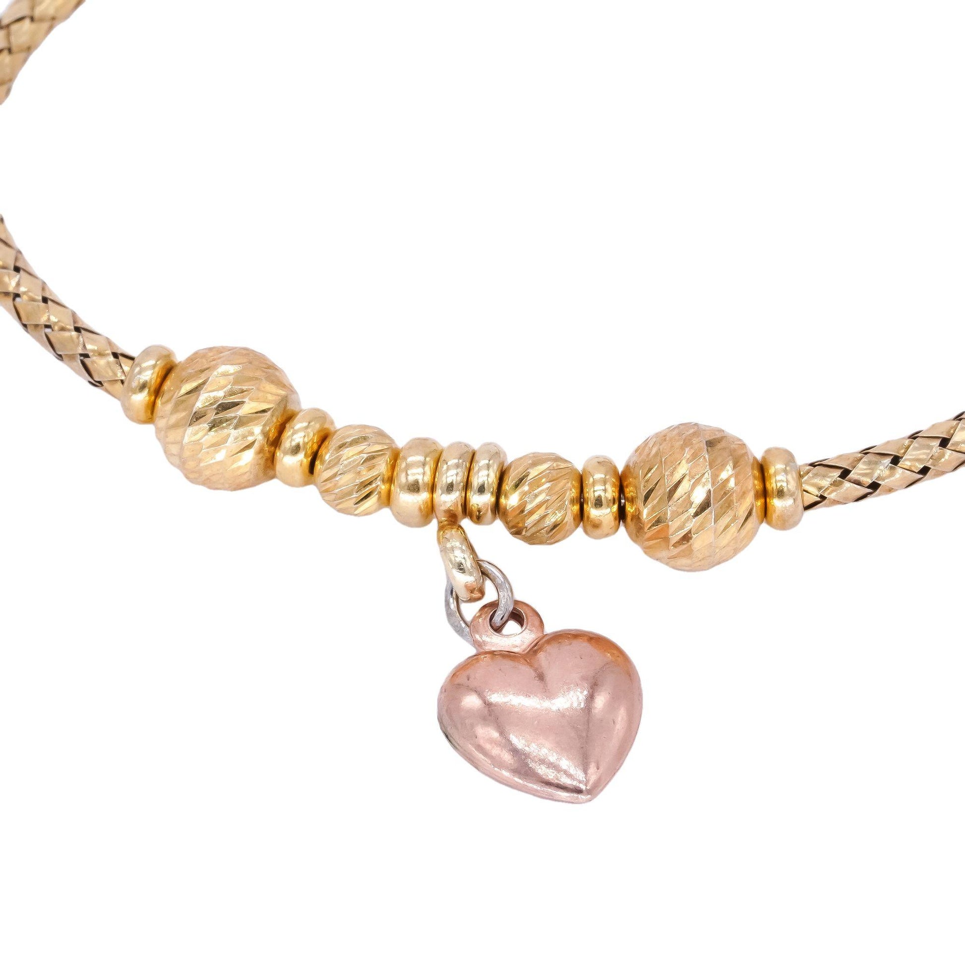 Sterling Silver Gold Plated Diamond Cut Ball and Heart Flexible Bangle Bracelet