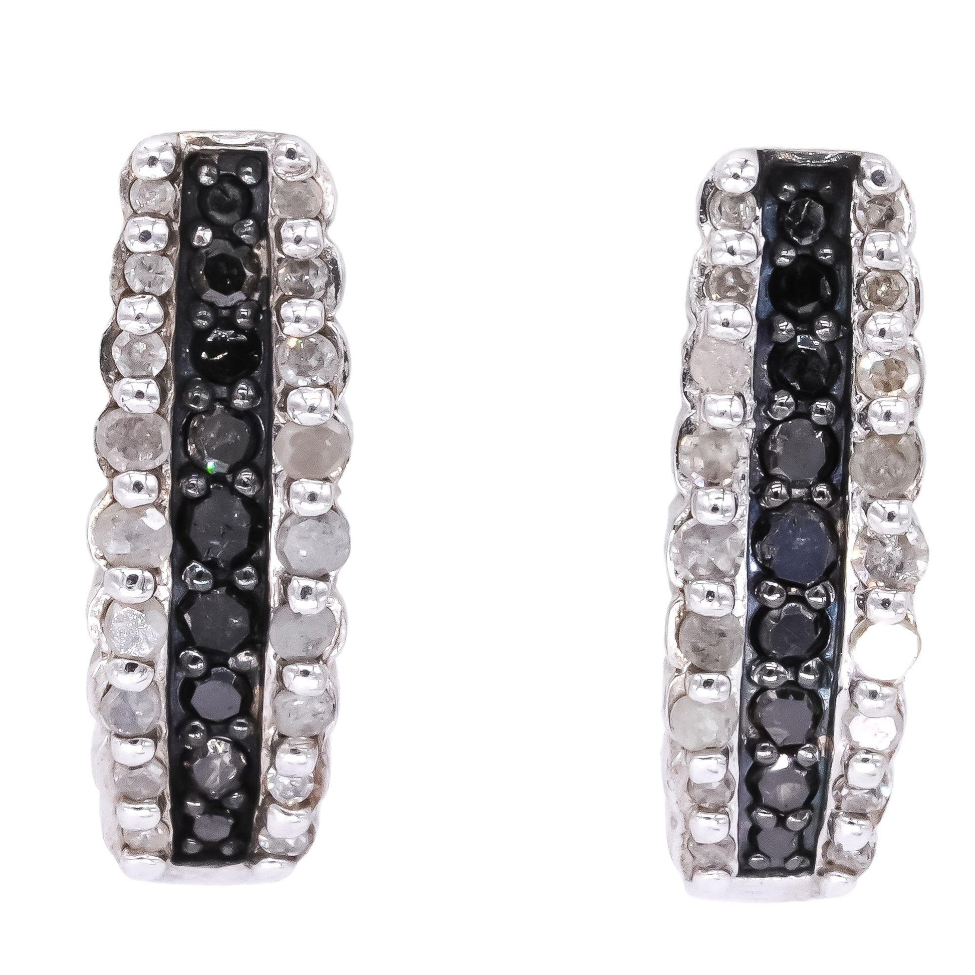 Sterling Silver 0.50CT Black and White Diamond Curved Hoop Stud Earrings