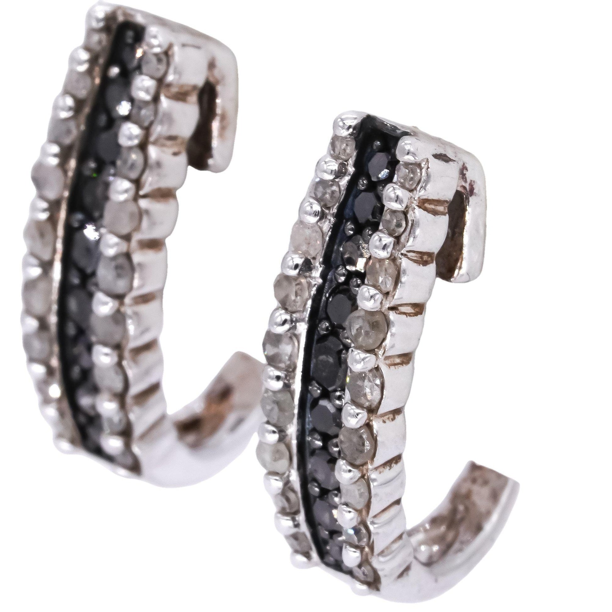 Sterling Silver 0.50CT Black and White Diamond Curved Hoop Stud Earrings