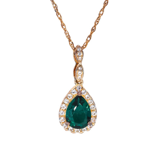 Sterling Silver Gold Plated 1.0CT Emerald and White Topaz Halo Pendant Necklace