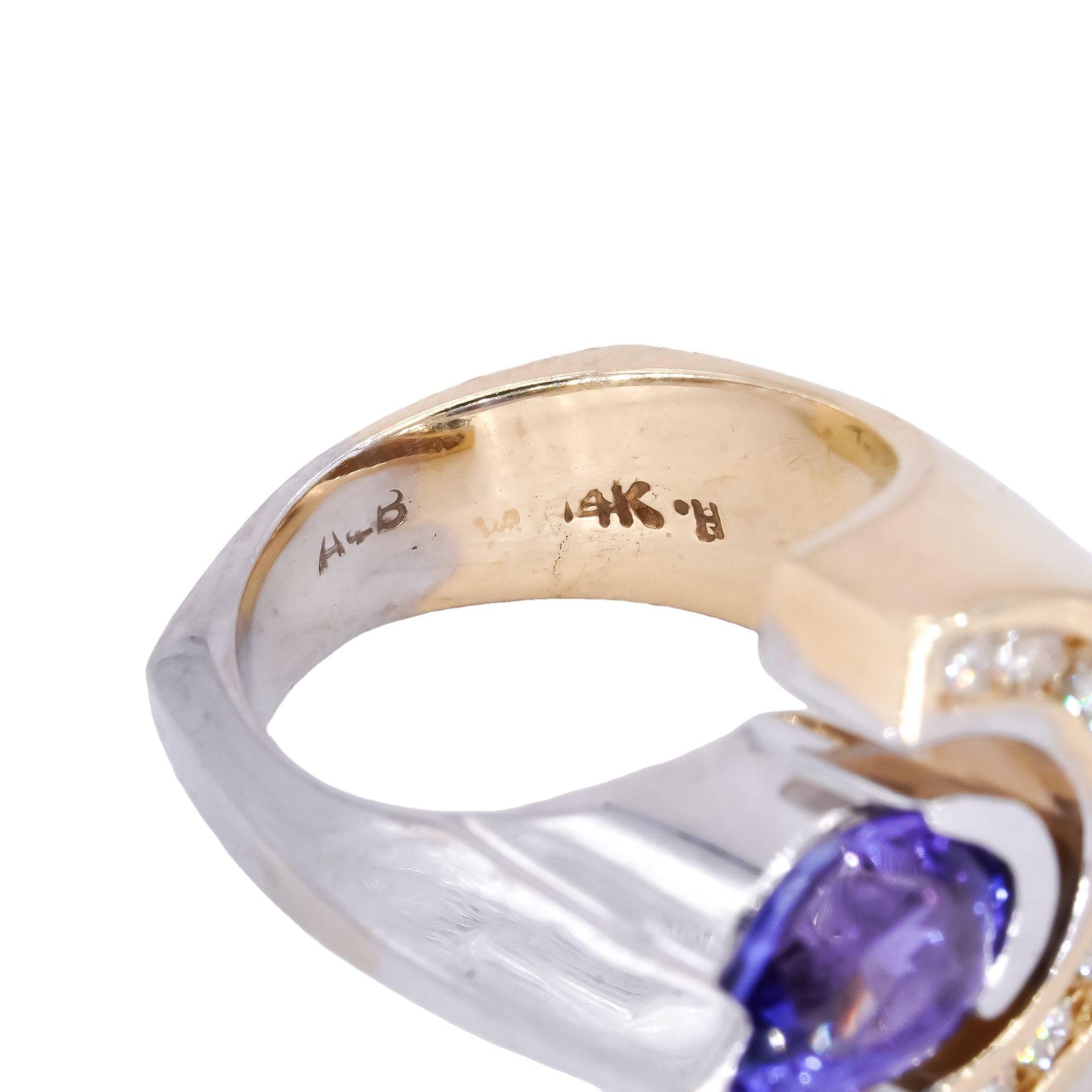 14k White and Yellow Gold 2.40CT Diamond and Tanzanite Retro Style Ring size 5.5