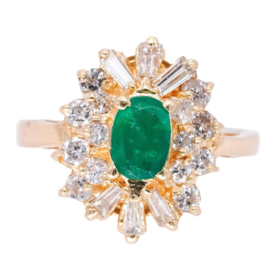 14k Yellow Gold Jewelry 0.90CT VS Diamond & Emerald Cluster Sunburst Ring size 5