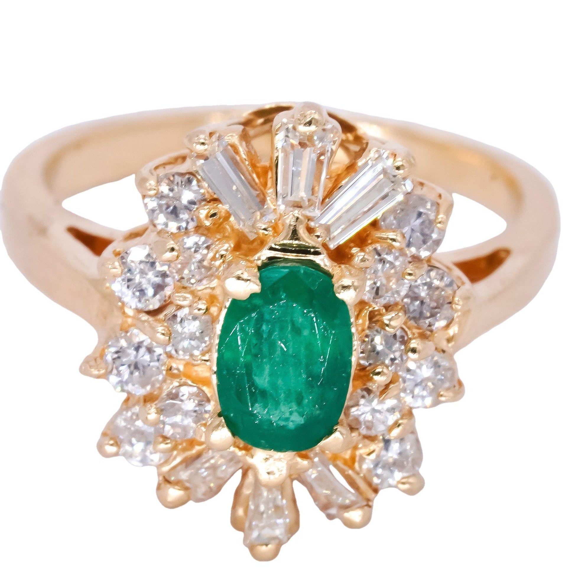 14k Yellow Gold Jewelry 0.90CT VS Diamond & Emerald Cluster Sunburst Ring size 5