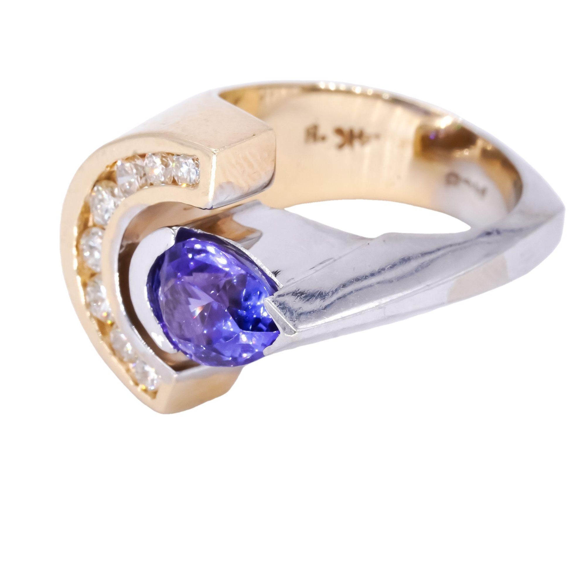 14k White and Yellow Gold 2.40CT Diamond and Tanzanite Retro Style Ring size 5.5